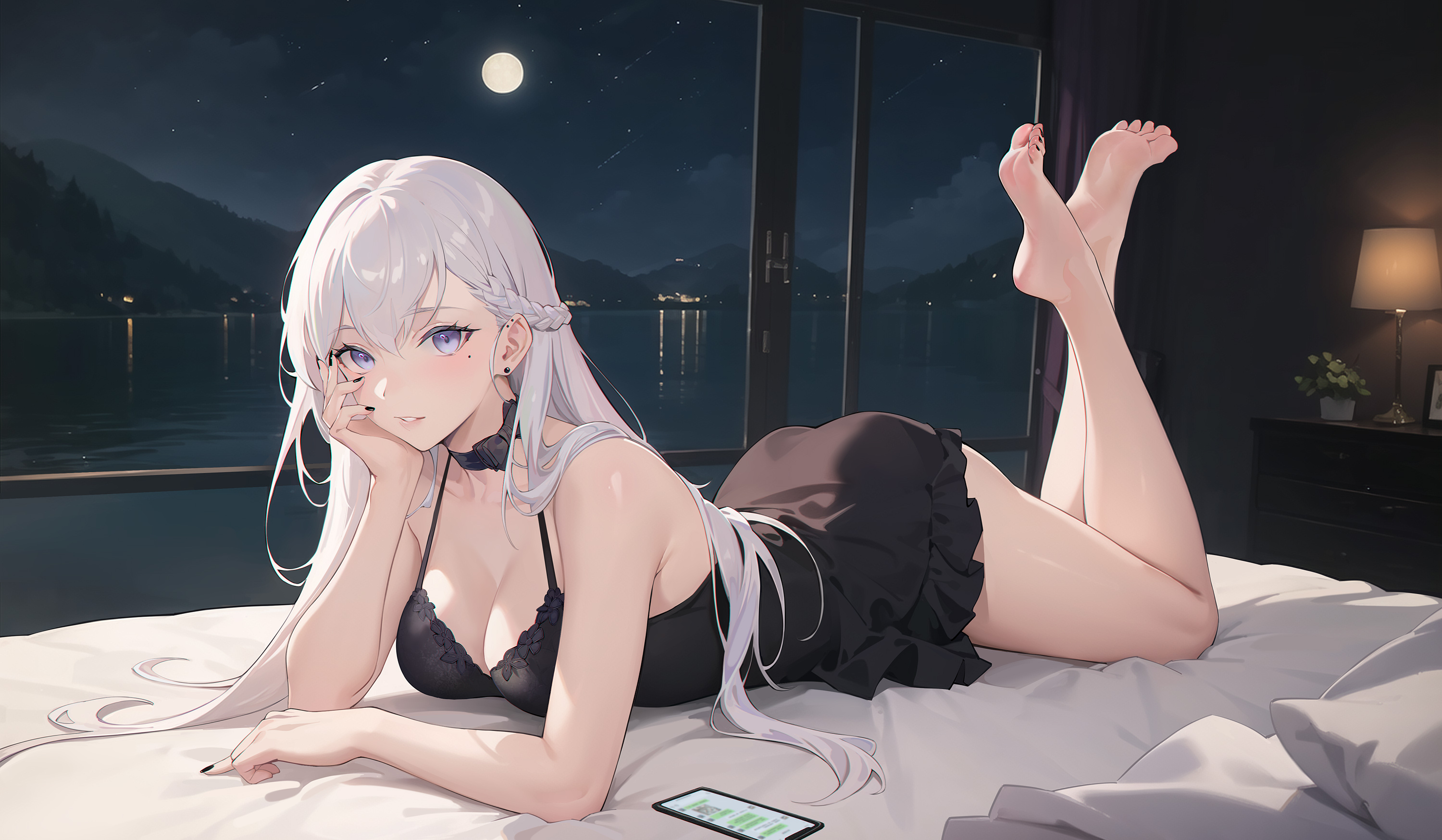 Anime 3000x1750 Xiehou Nangong Azur Lane anime girls white hair long hair purple eyes boobs night Moon cleavage black dress dress looking at viewer choker feet crossed foot sole bare shoulders barefoot arm support lying on front moles gown mole under eye phone smartphone women indoors indoors minidress thighs legs city lights toes full moon black nails shooting stars stars starry night braids nightgown blushing smiling big boobs in bed Belfast (Azur Lane) feet