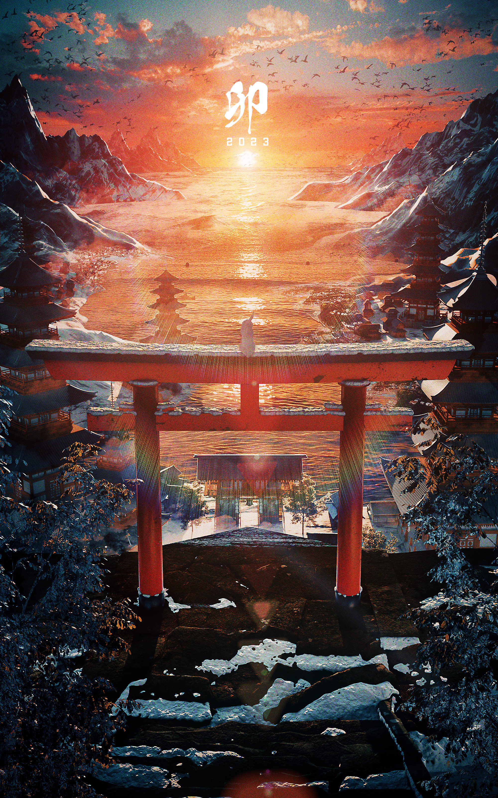 General 2000x3200 sunrise Japan torii snow portrait display sunset glow Sun