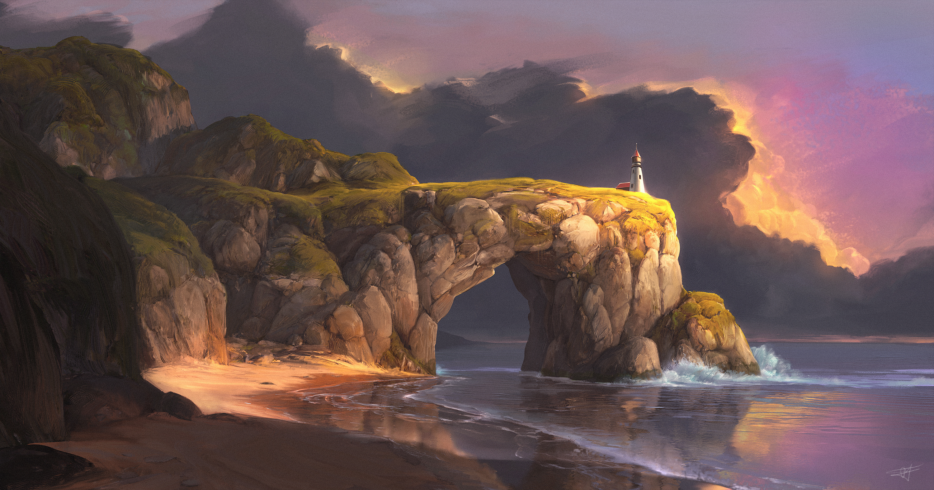 General 3000x1573 digital art artwork illustration environment nature landscape clouds cliff beach sea rock formation sunset waves lighthouse water reflection sunset glow