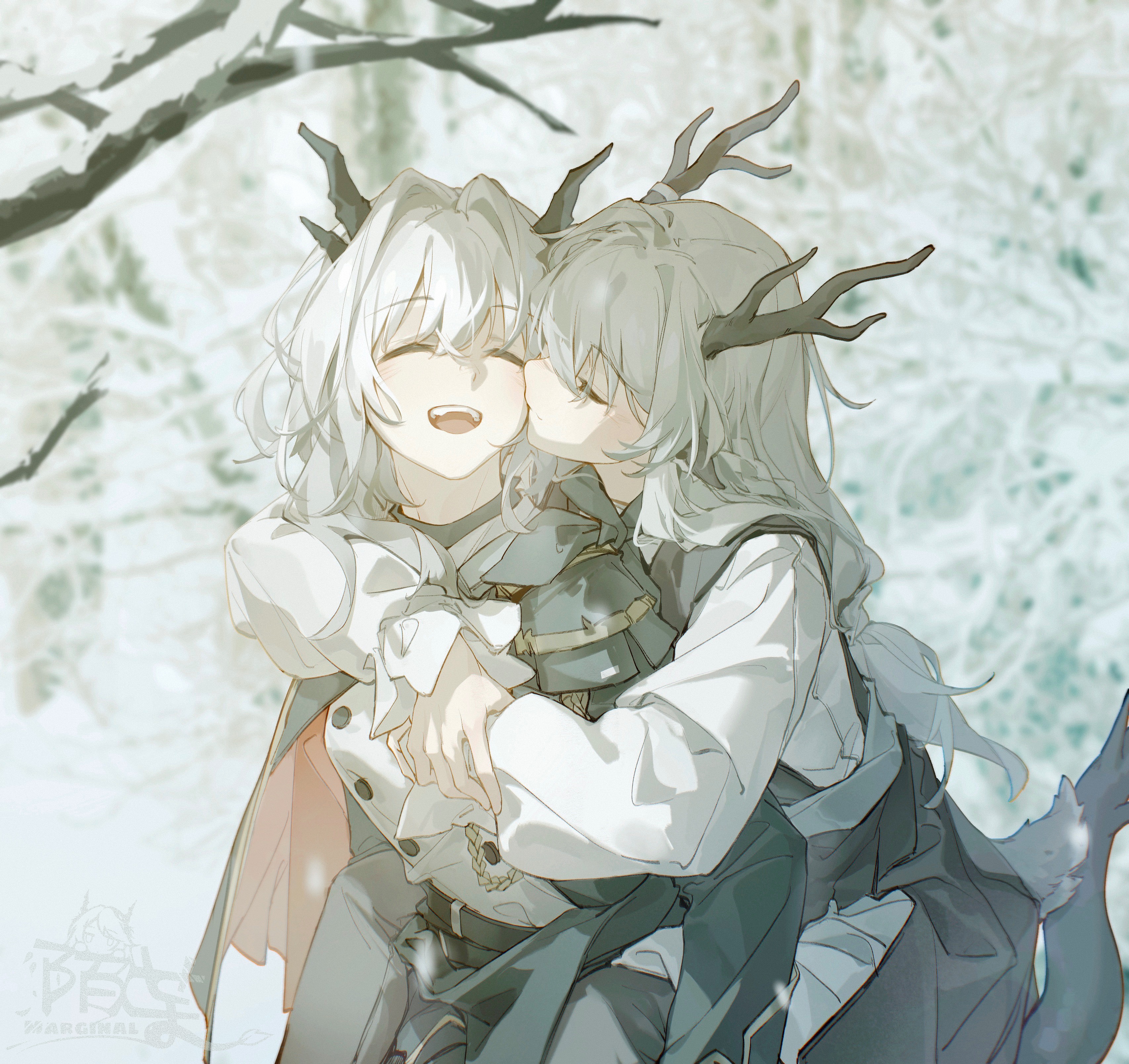 Anime 3413x3218 anime girls Arknights Moyu Marginal Talulah(Arknights) kissing closed eyes horns branch snow yuri