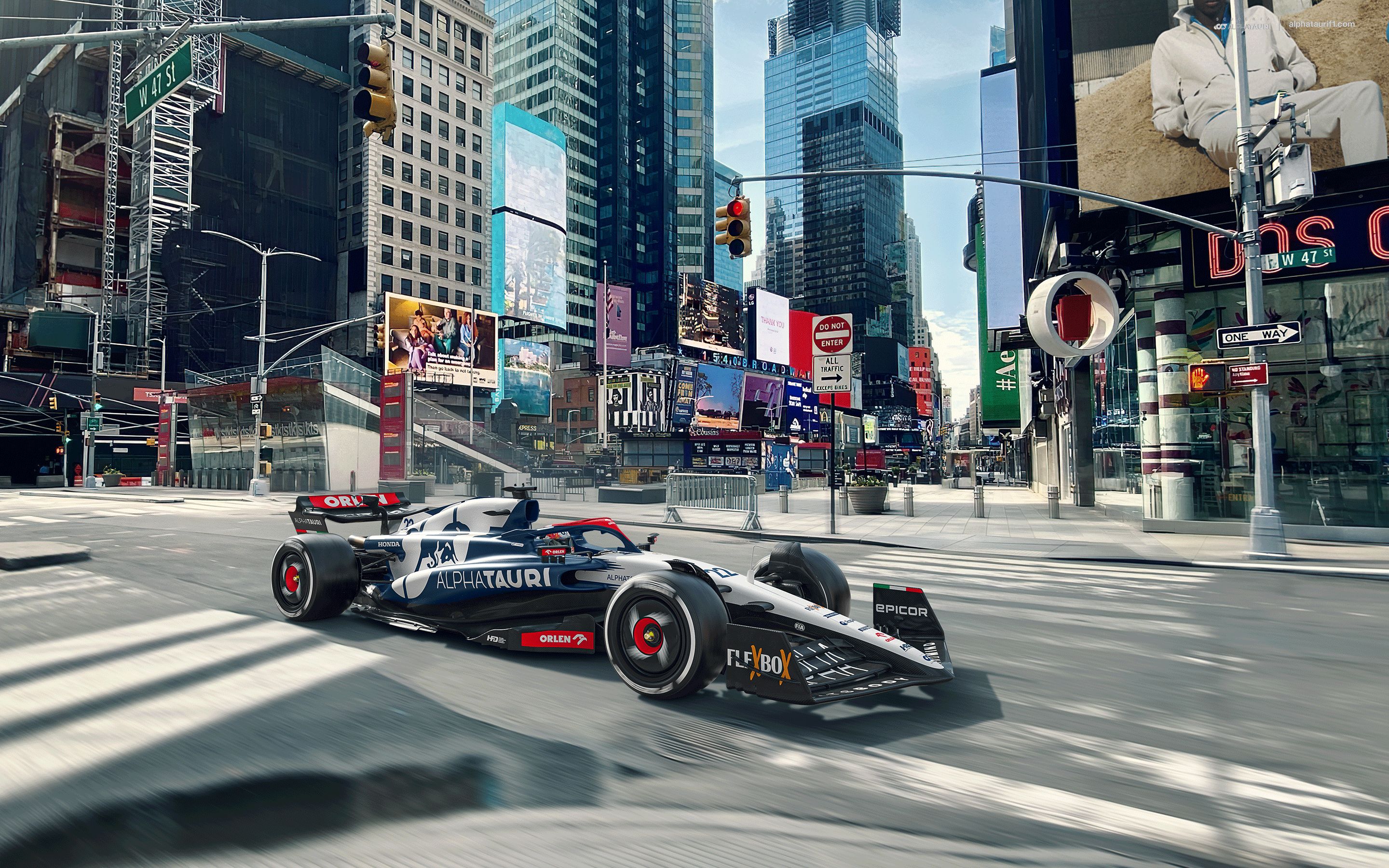 General 2880x1800 Formula 1 formula cars race cars Scuderia AlphaTauri New York City Times Square side view city building frontal view watermarked