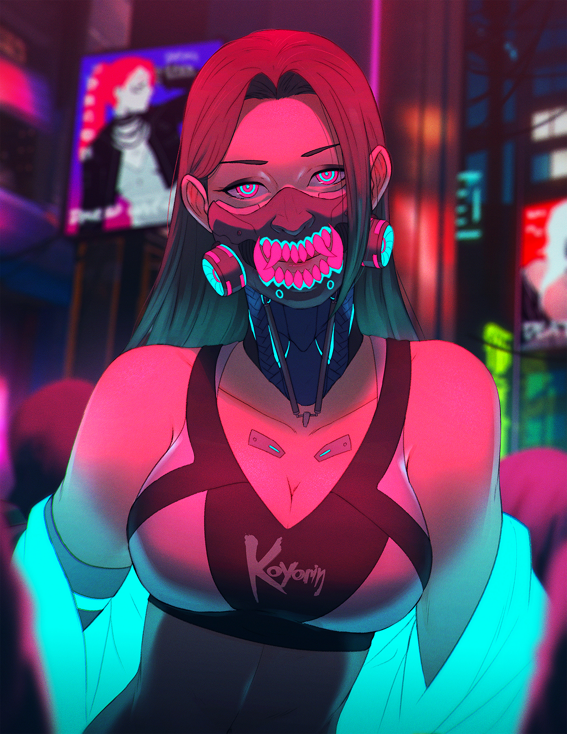 Anime 1920x2484 Koyorin cyberpunk Samurai (Cyberpunk 2077) neon colorful futuristic anime girls gas masks mask portrait display