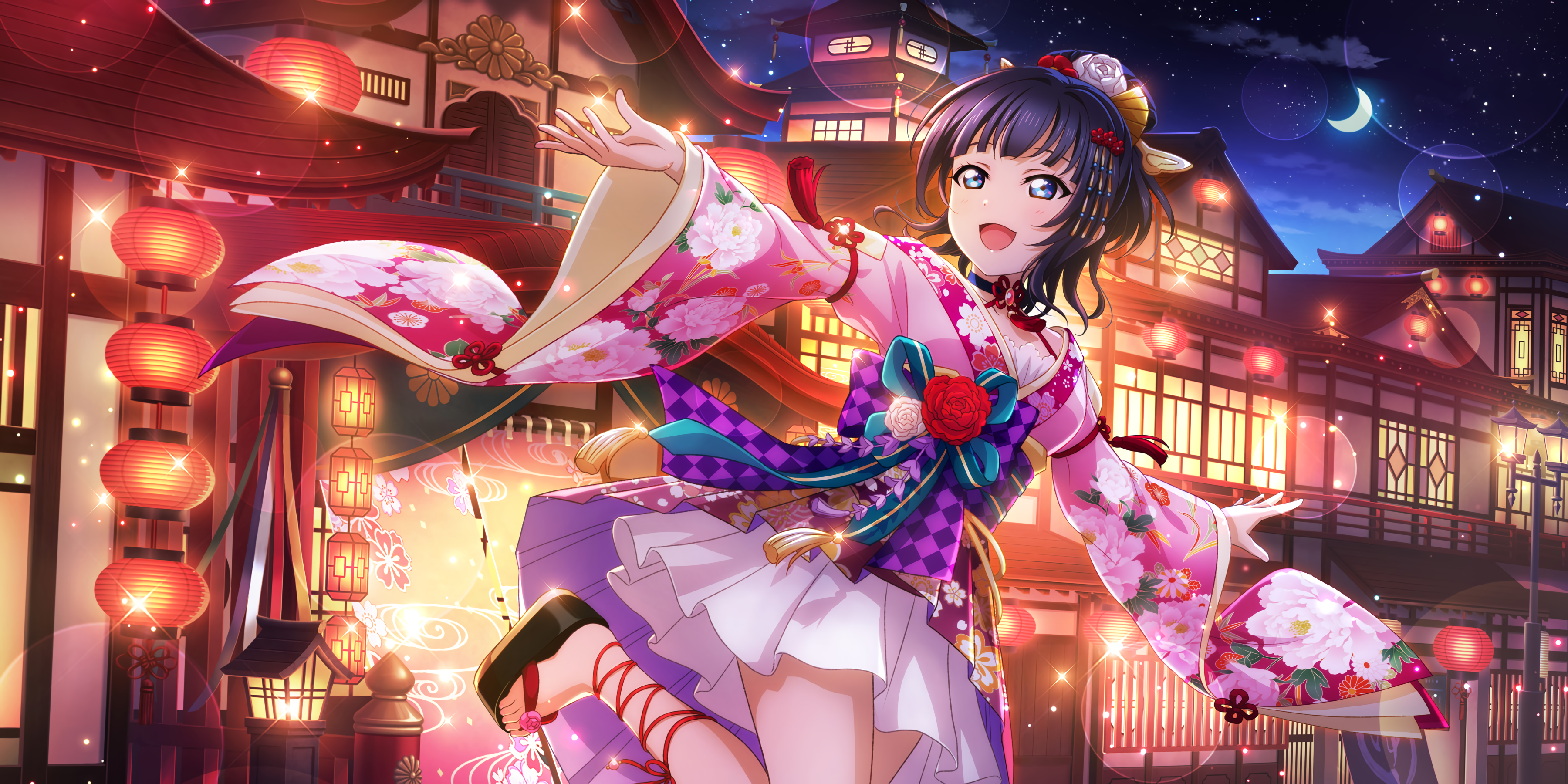 Anime 3600x1800 Asaka Karin Love Live! Sunshine Love Live! anime anime girls kimono night crescent moon Moon stars bubbles lights flowers flower in hair