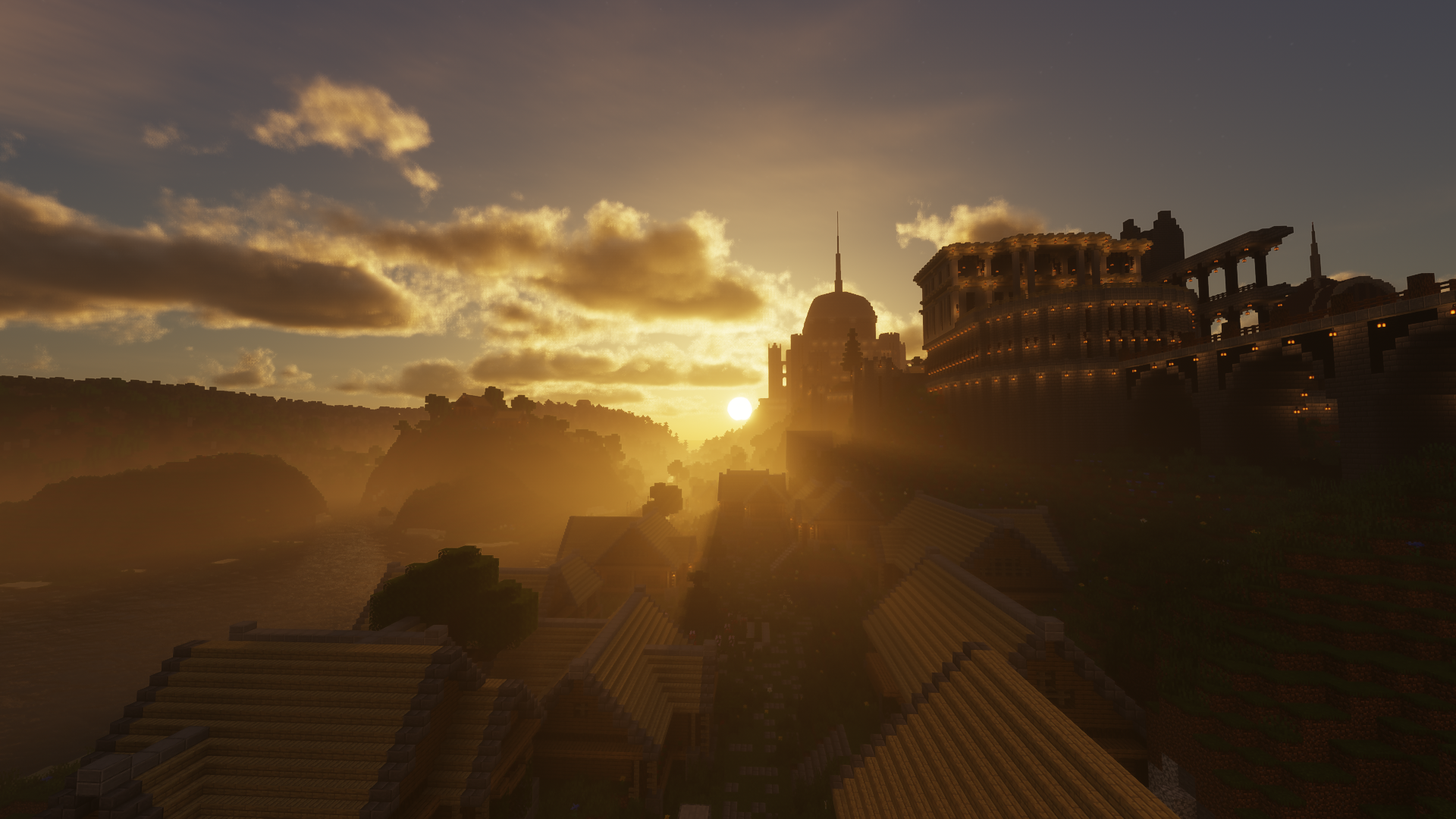 General 1920x1080 Minecraft building video games CGI sunset sunset glow clouds sky
