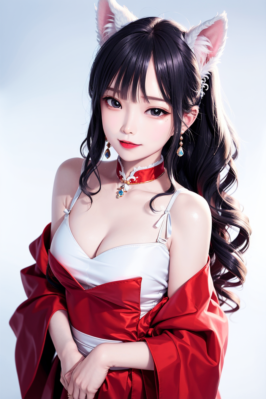 General 896x1344 red Cuteg portrait display cleavage looking at viewer cat ears animal ears simple background women Asian smiling AI art