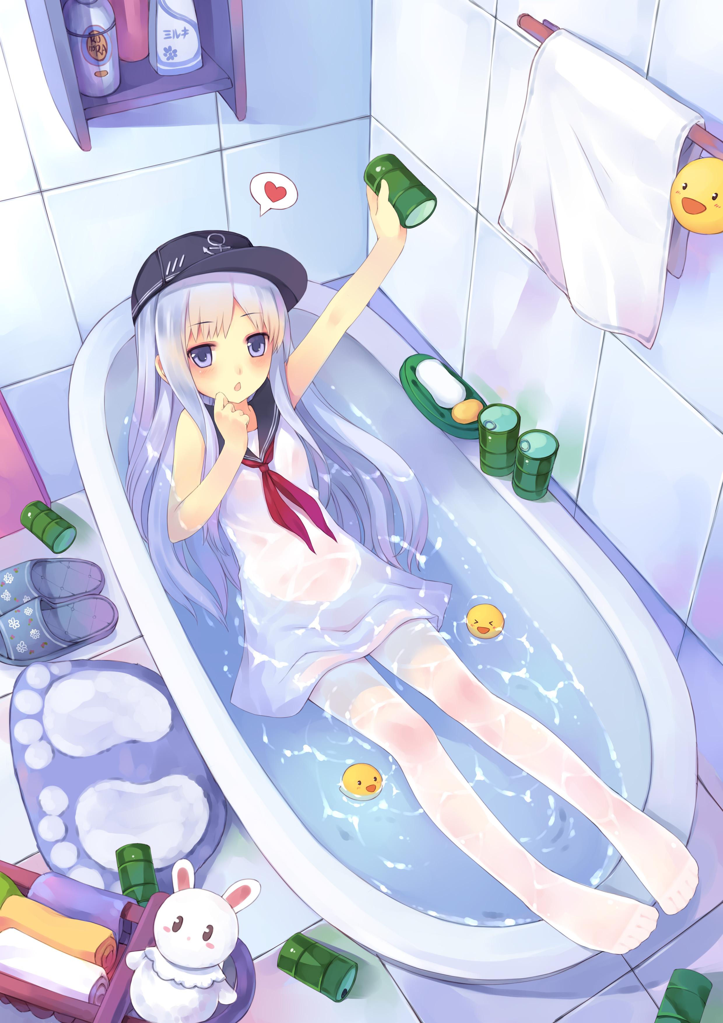 Anime 2480x3507 white stockings socks portrait display anime girls bathtub water in water wet wet clothing hat heart towel rubber ducks