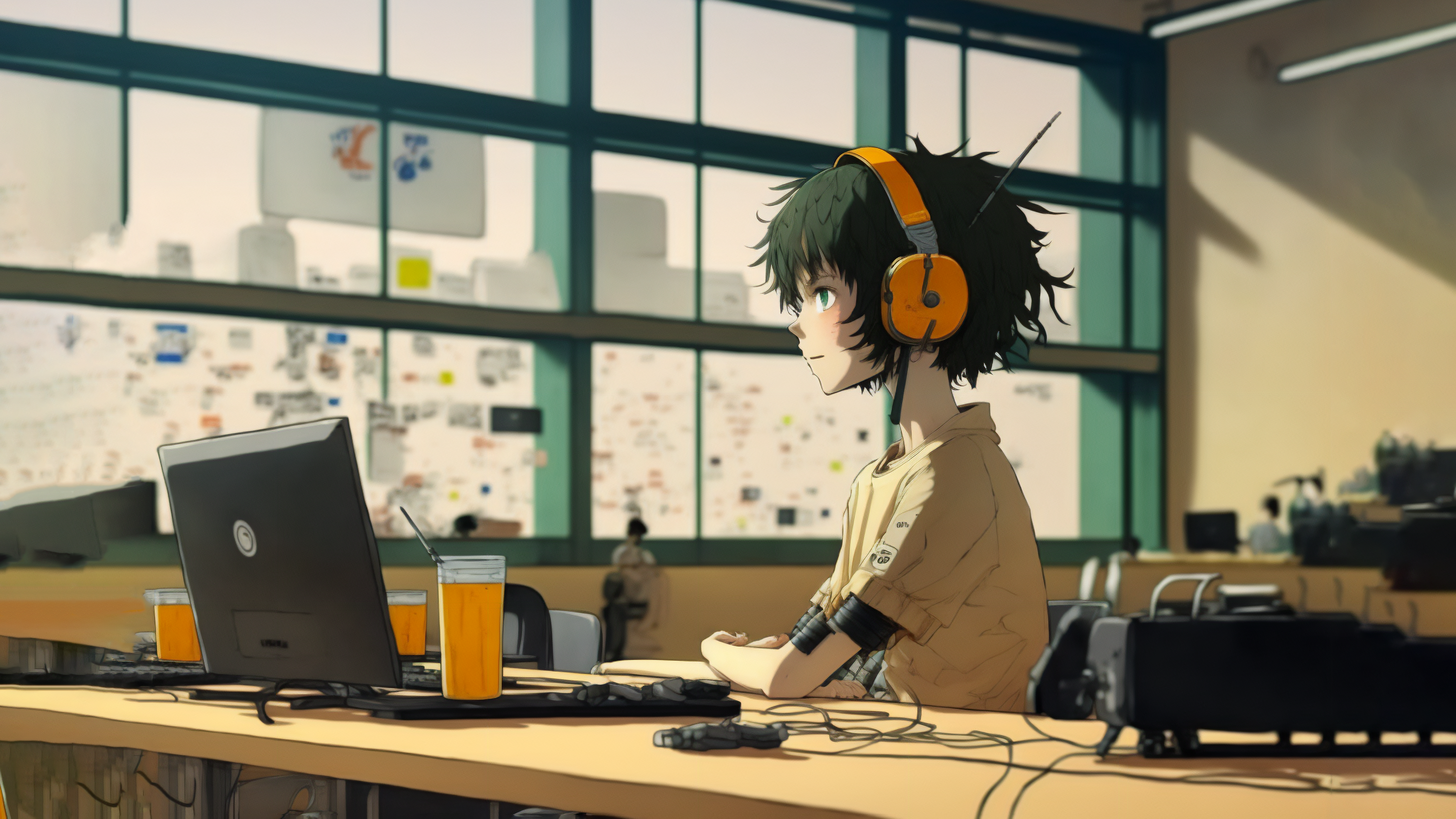 Anime 3515x1977 AI art illustration headphones laptop