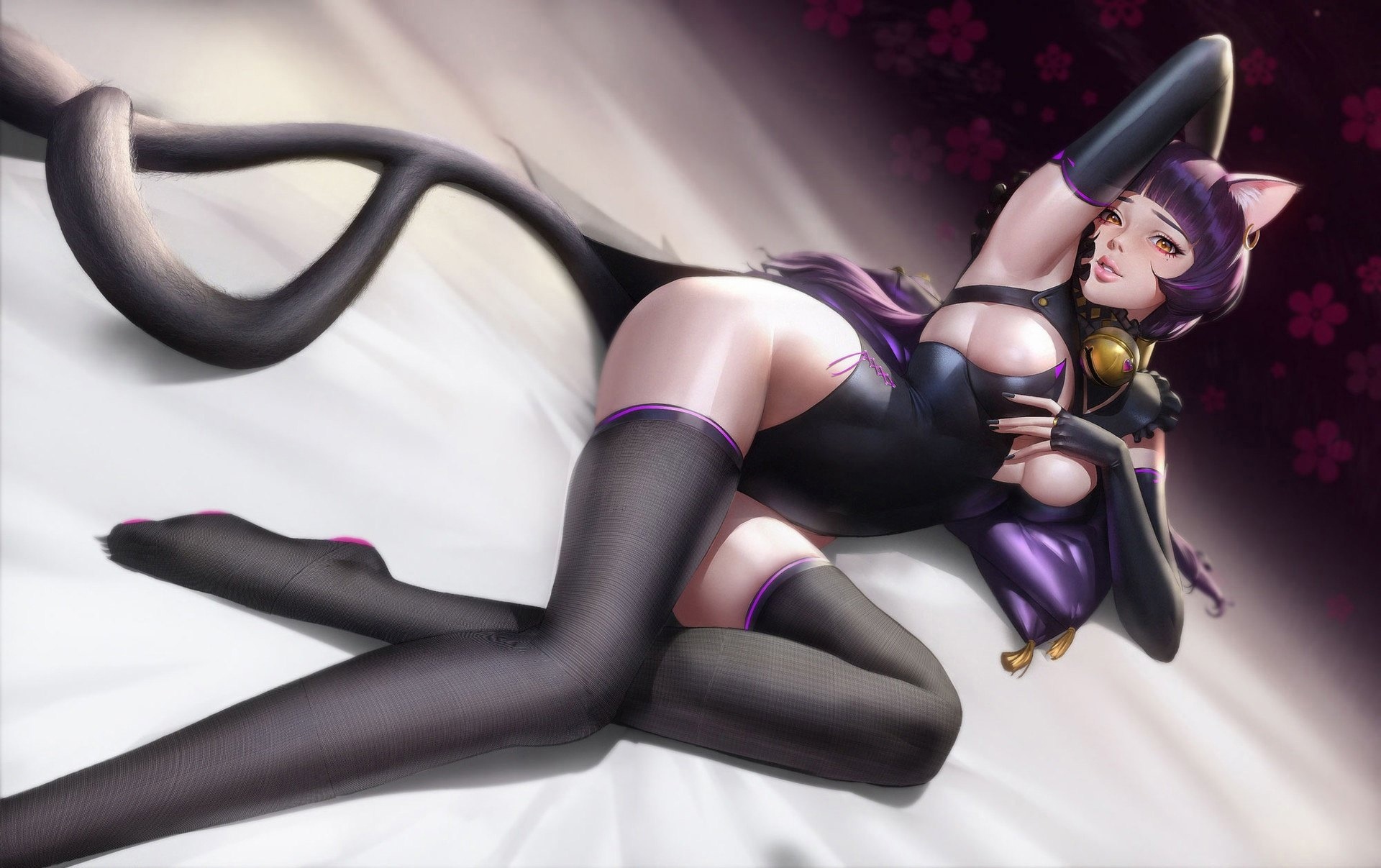 Anime 1920x1207 looking at viewer boobs gyeong nam cho anime girls lying on side stockings armpits cat girl cat ears cat tail purple hair yellow eyes elbow gloves