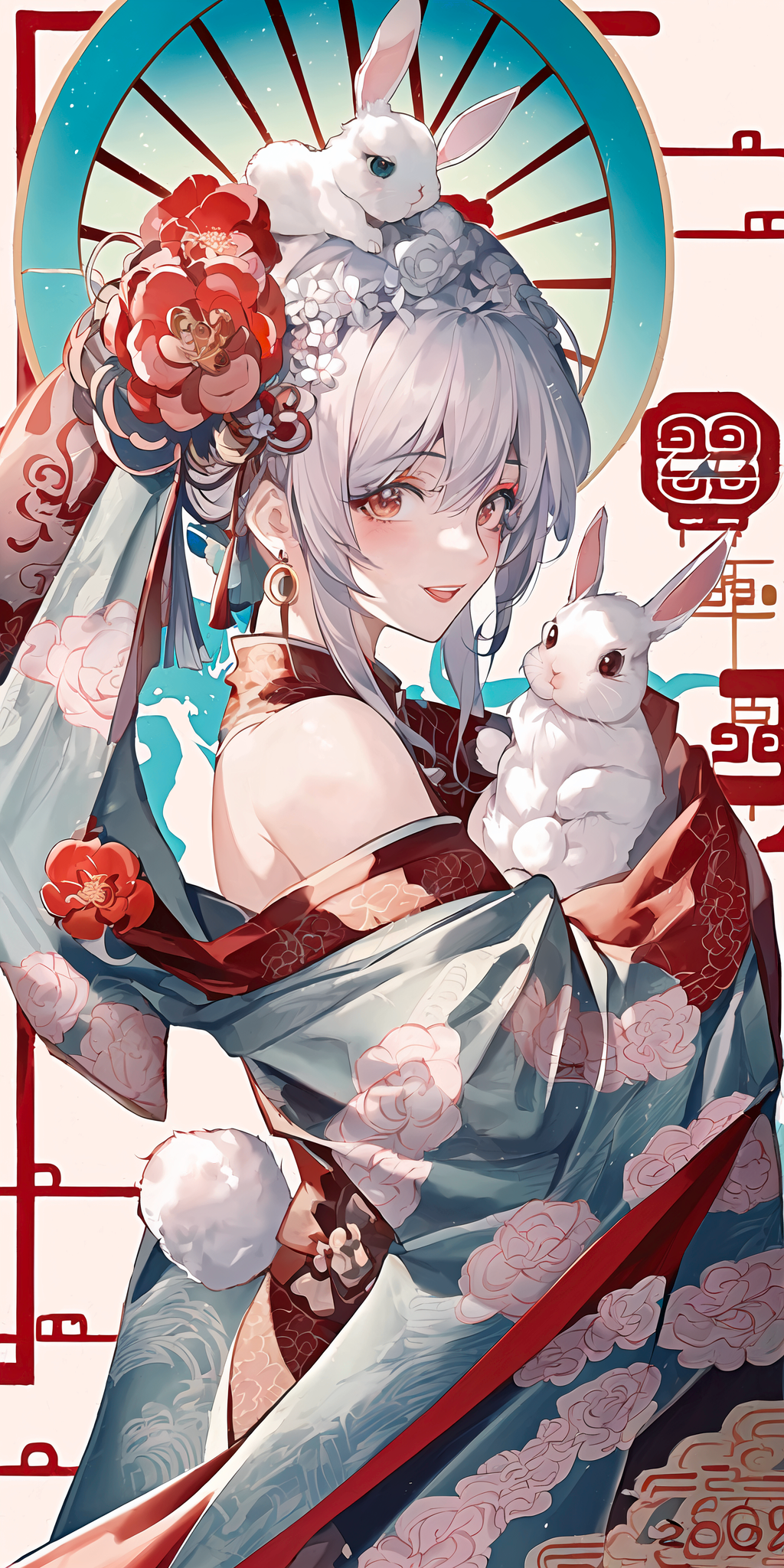 Anime 1024x2048 anime anime girls portrait display flower in hair rabbits animals kimono looking at viewer blushing bunny ears