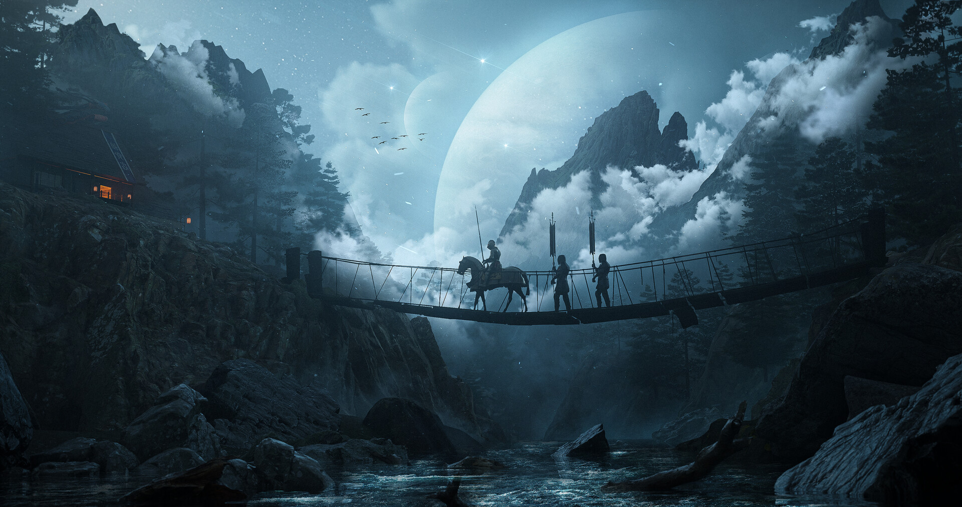 General 1920x1013 artwork digital art knight horse nature bridge water rocks mountains Moon night