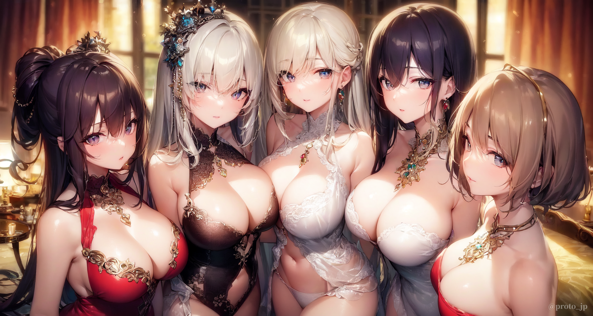 Anime 1920x1024 anime anime girls Stable Diffusion AI art original characters artwork digital art lingerie cleavage big boobs looking at viewer line-up group of women long hair boobs lined up text Pixiv