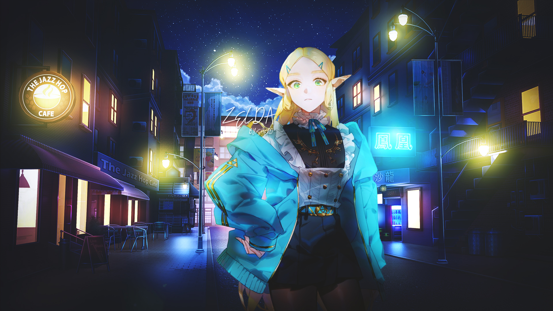 Anime 1920x1080 anime urban LuZi blue anime girls pointy ears Zelda street light