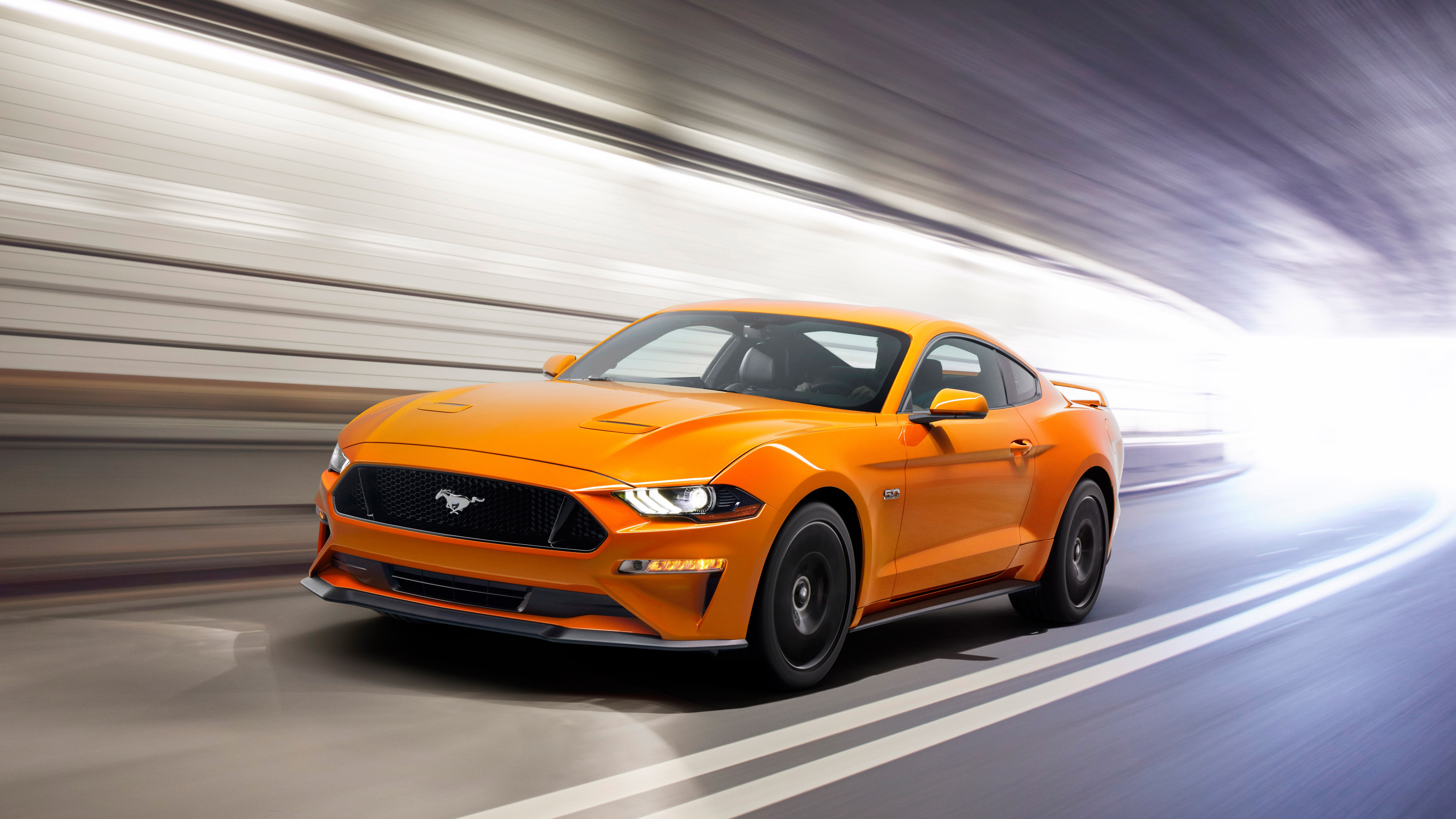 General 5120x2880 car Ford Mustang orange cars vehicle tunnel Ford headlights blurred blurry background driving frontal view muscle cars American cars