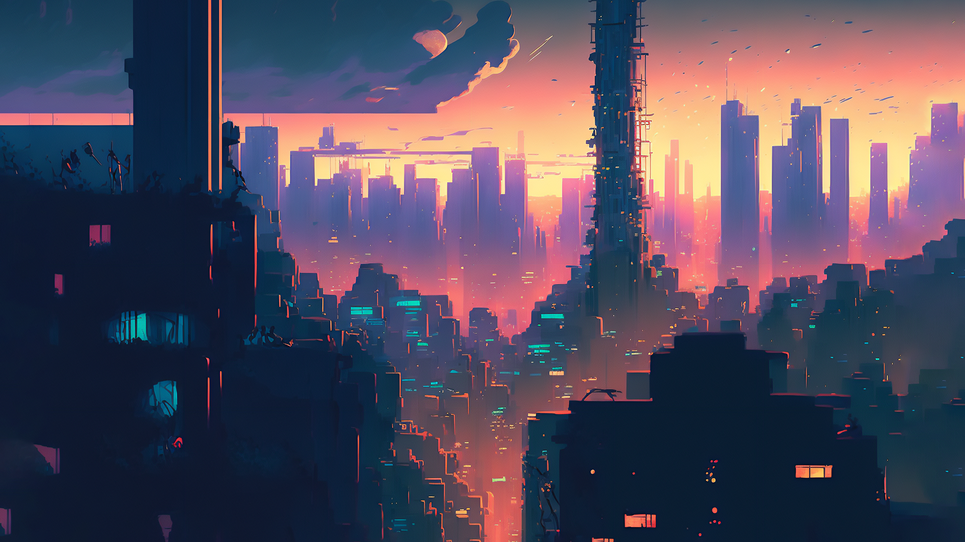 General 1920x1080 AI art cyberpunk city skyline sunset glow