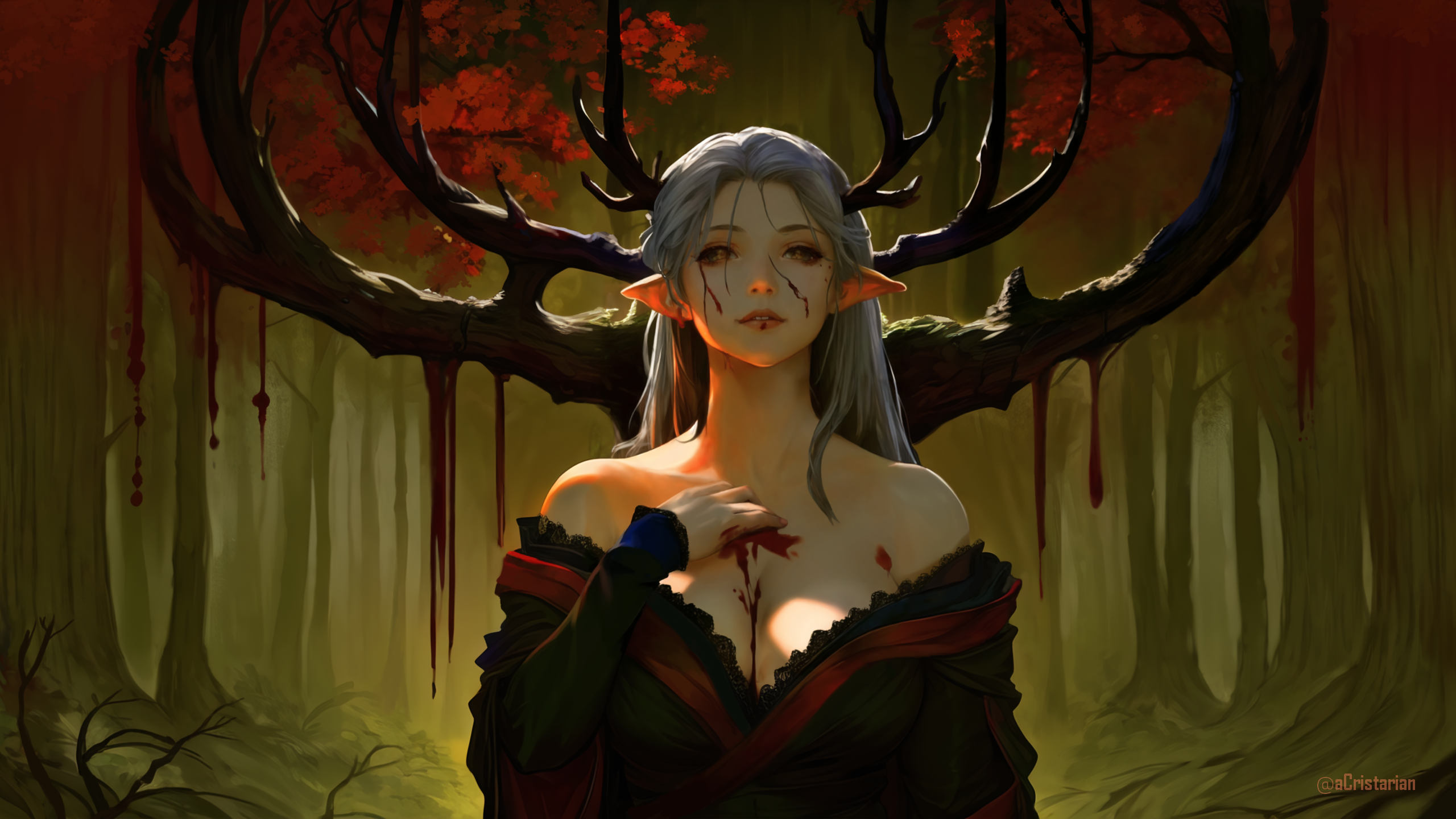 Anime 2560x1440 blood elves bloody boobs creepy elven forest acristarian cleavage pointy ears horns blood fantasy girl fantasy art trees