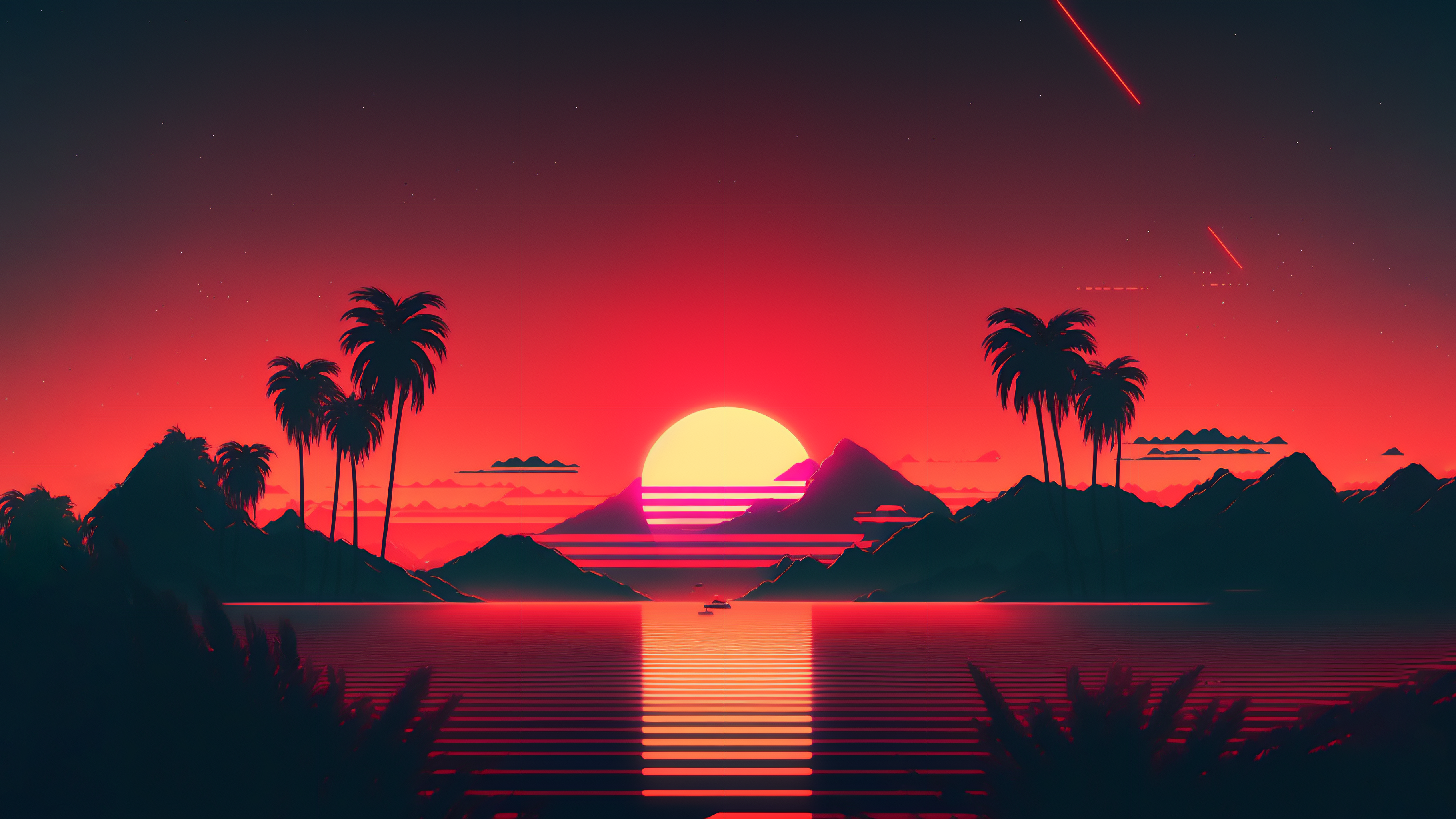 General 3640x2048 AI art 8-bit sunset palm trees mountains water nature synthwave