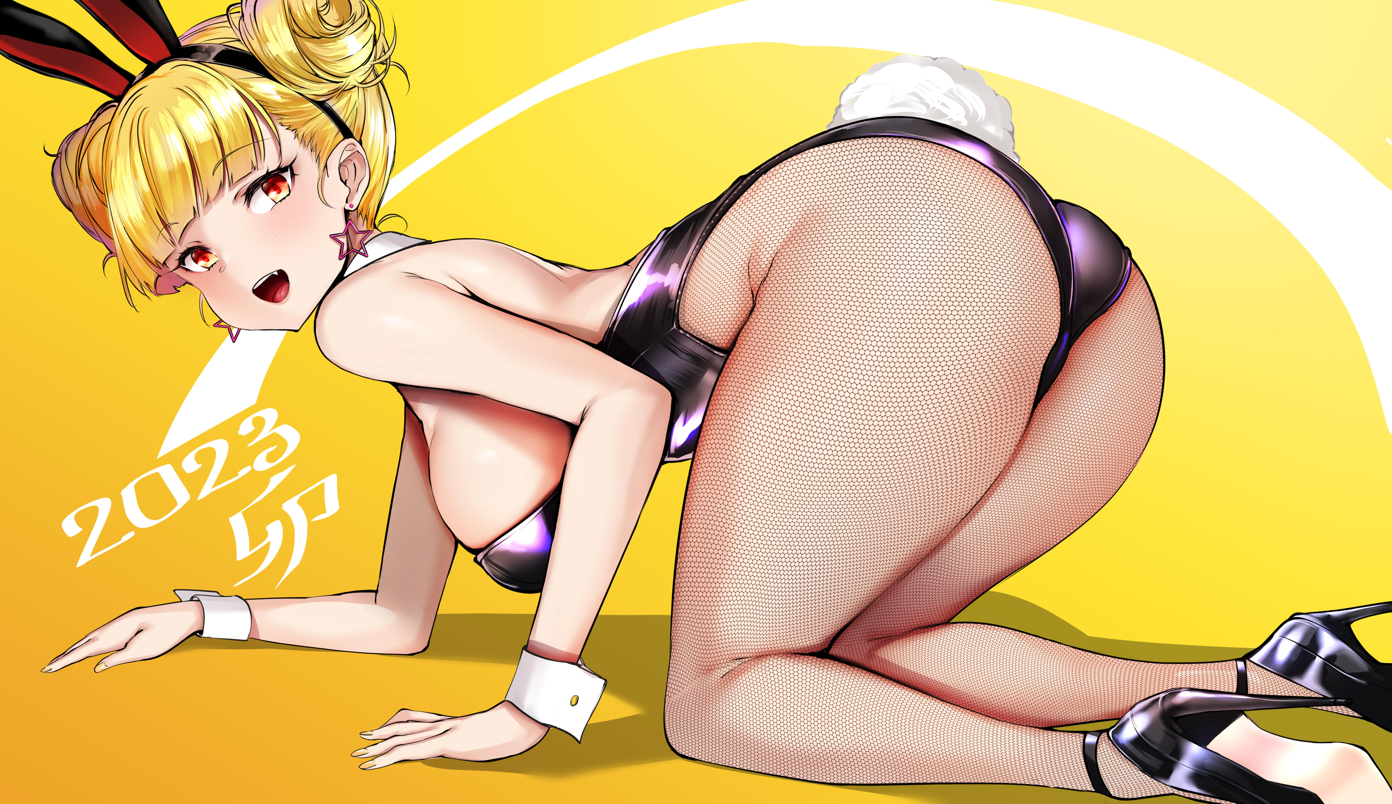 Anime 4470x2581 sideboob blonde bunny ears fishnet ass bunny tail red eyes black heels bent over bunny suit fishnet pantyhose odango looking at viewer thighs open mouth star earrings anime girls big boobs heels hairbun simple background