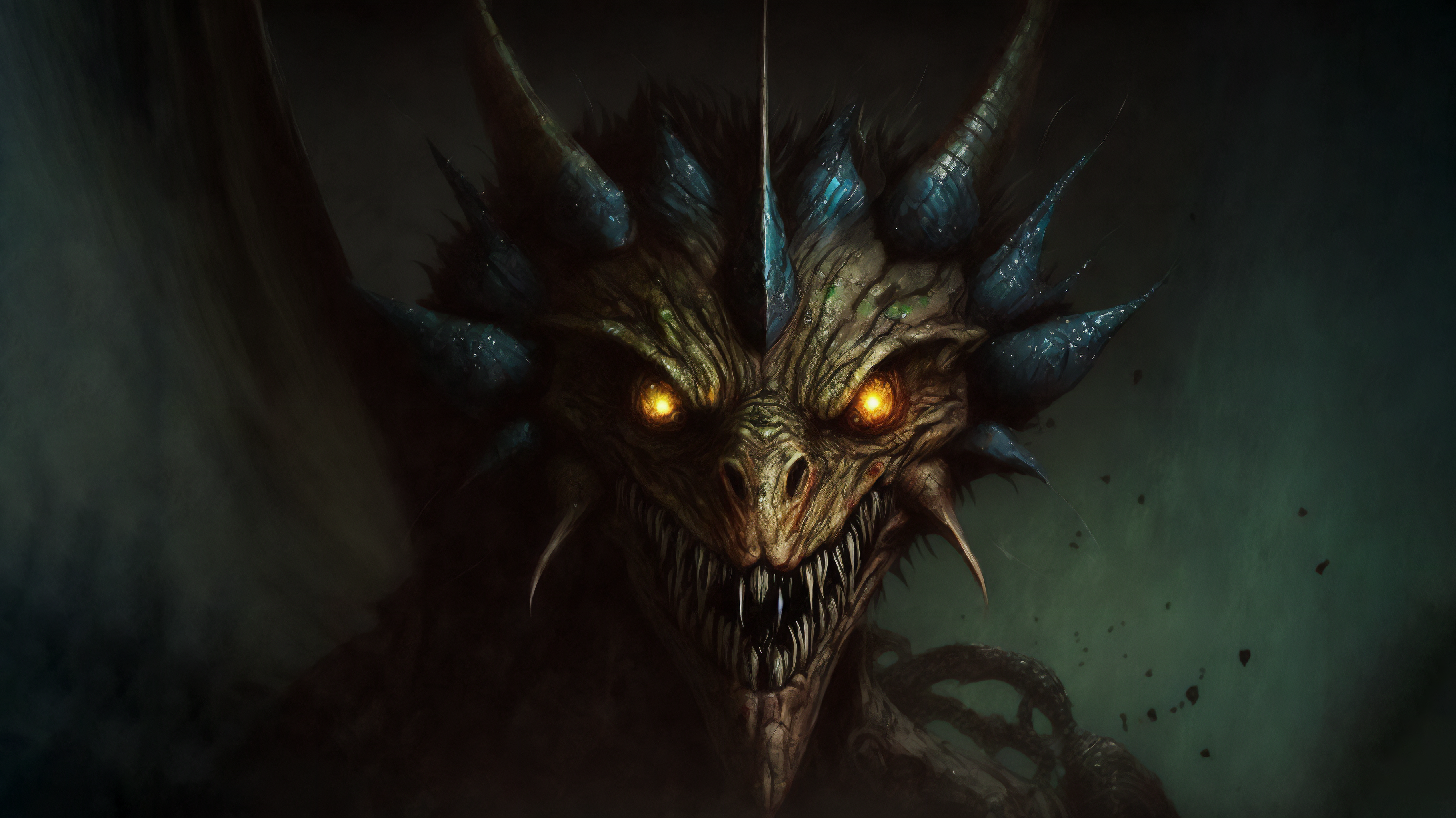 General 3640x2048 illustration dragon evil creature creepy AI art pointy teeth glowing eyes