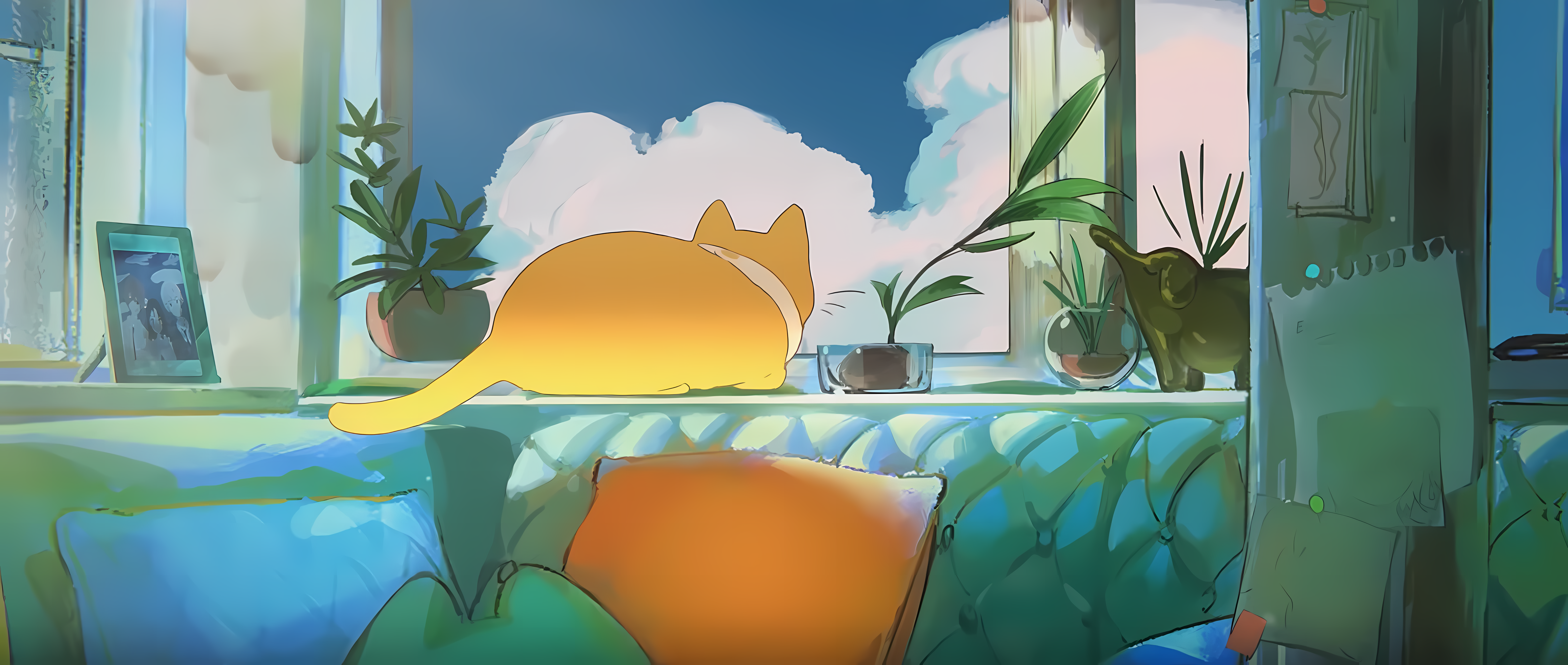 Anime 7680x3256 clouds plant pot cats plants couch animals