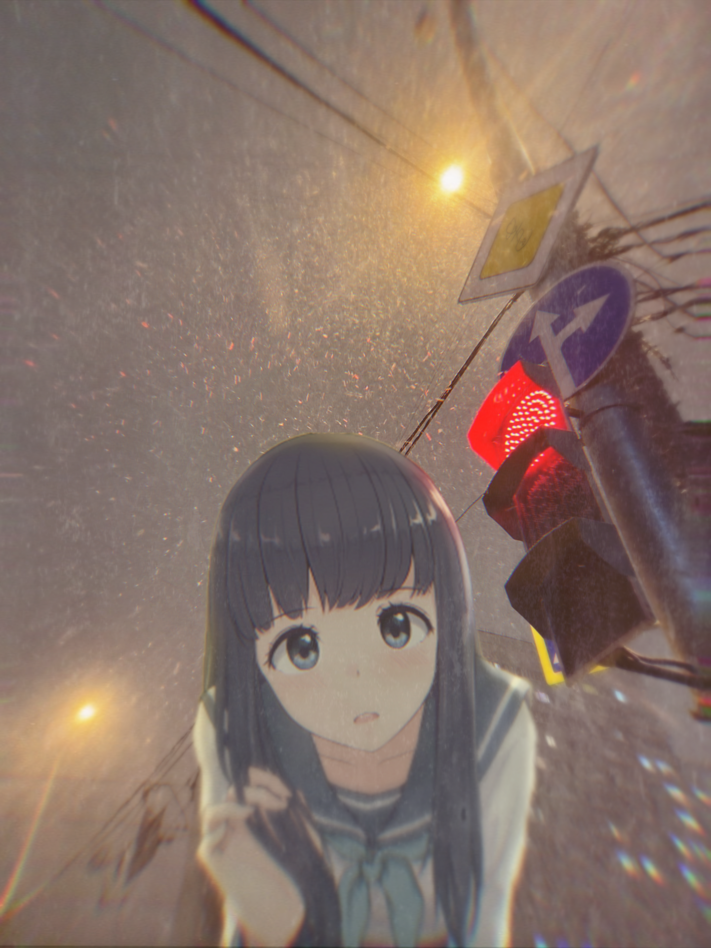 Anime 1440x1920 animeirl traffic lights portrait display anime girls rain schoolgirl school uniform snow