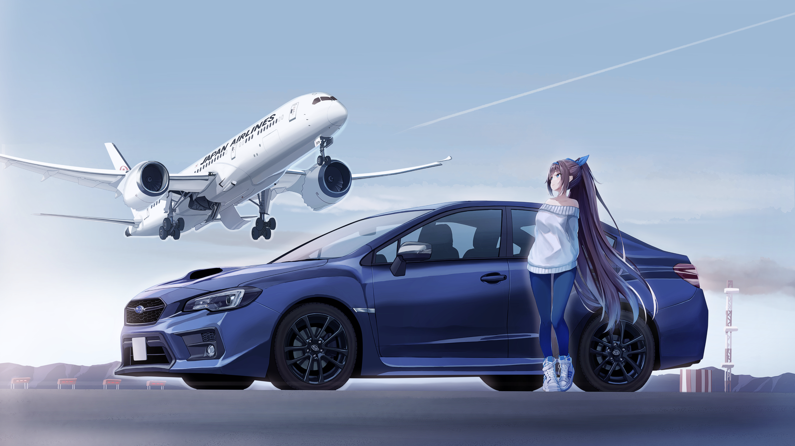 Anime 2720x1526 anime anime girls airplane aircraft Subaru japan Airlines blue cars Subaru WRX STI S208
