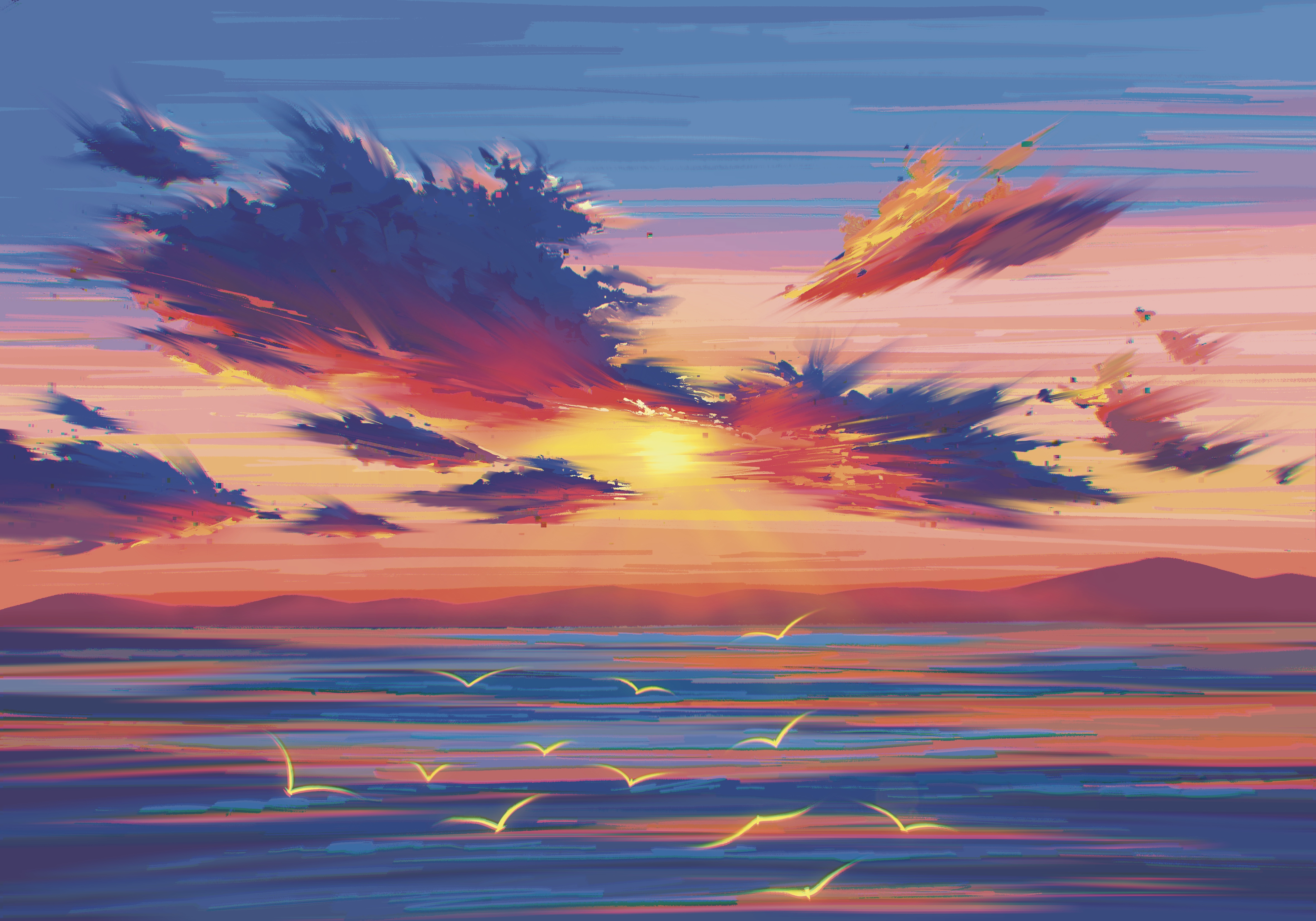 General 4724x3307 digital art artwork illustration painting landscape clouds sea water mountains Sun sunlight sunset birds animals sky