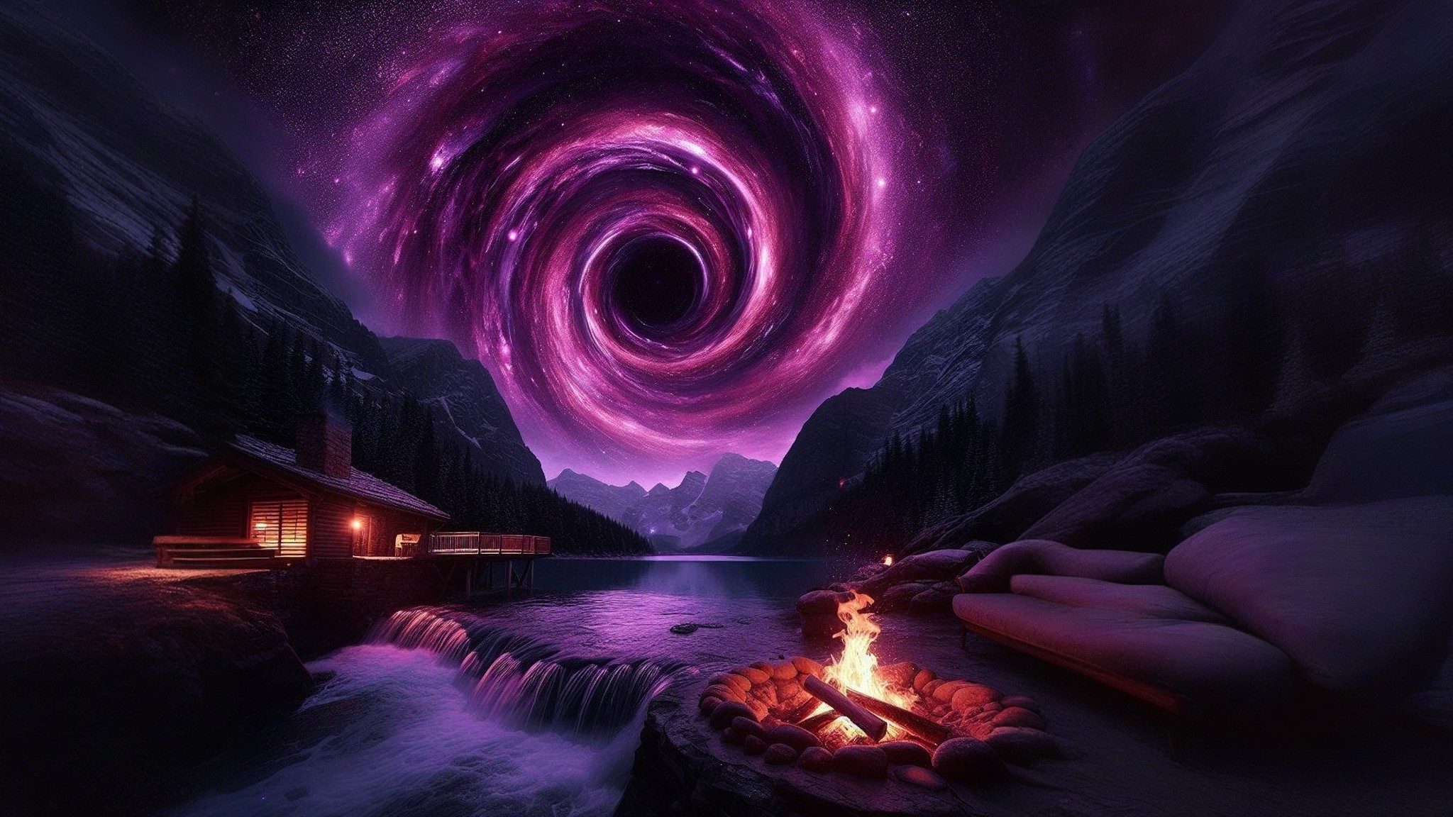 General 2048x1152 AI art digital art fantasy art wormhole violet (color) mountains river night campfire science fiction