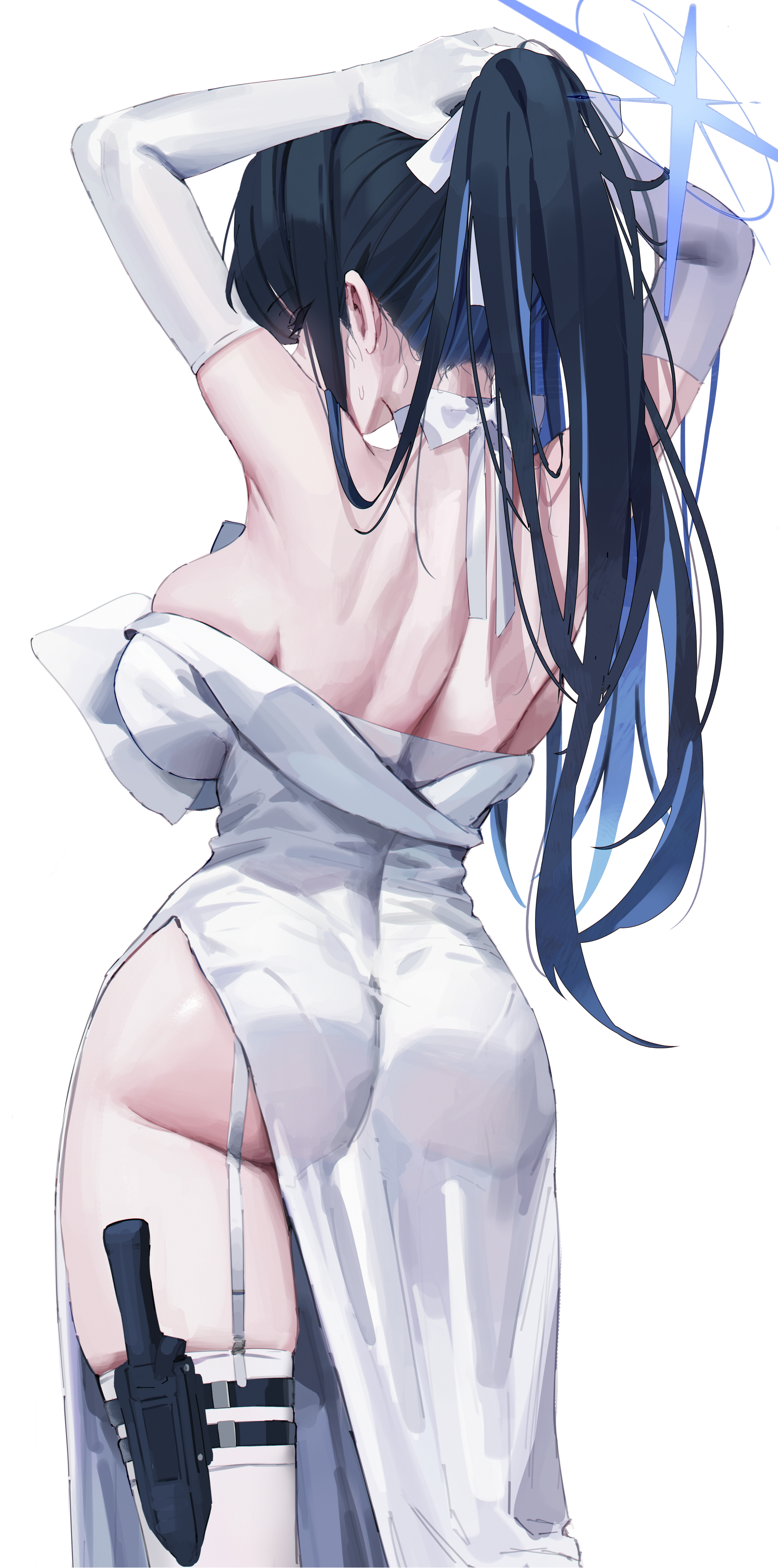 Anime 2980x6000 Blue Archive Saori Joumae bold dress digital art gloves elbow gloves dress Gompang11 portrait display standing simple background ass white background ponytail rear view skindentation sideboob big boobs long hair hand(s) in hair holding hair thick ass dagger garter straps sweatdrop closed eyes white gloves thighs white thigh highs skinny thigh-highs anime girls