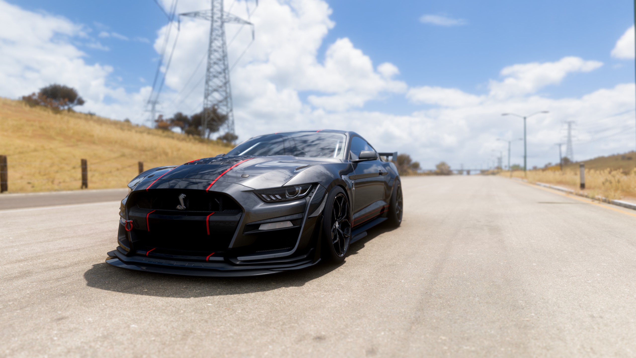 General 2560x1440 Forza Horizon 5 Ford Mustang Shelby car digital art video games outdoors asphalt road power lines muscle cars American cars Xbox Game Studios sky clouds PlaygroundGames Turn 10 Studios sunlight video game art screen shot frontal view Ford Mustang CGI