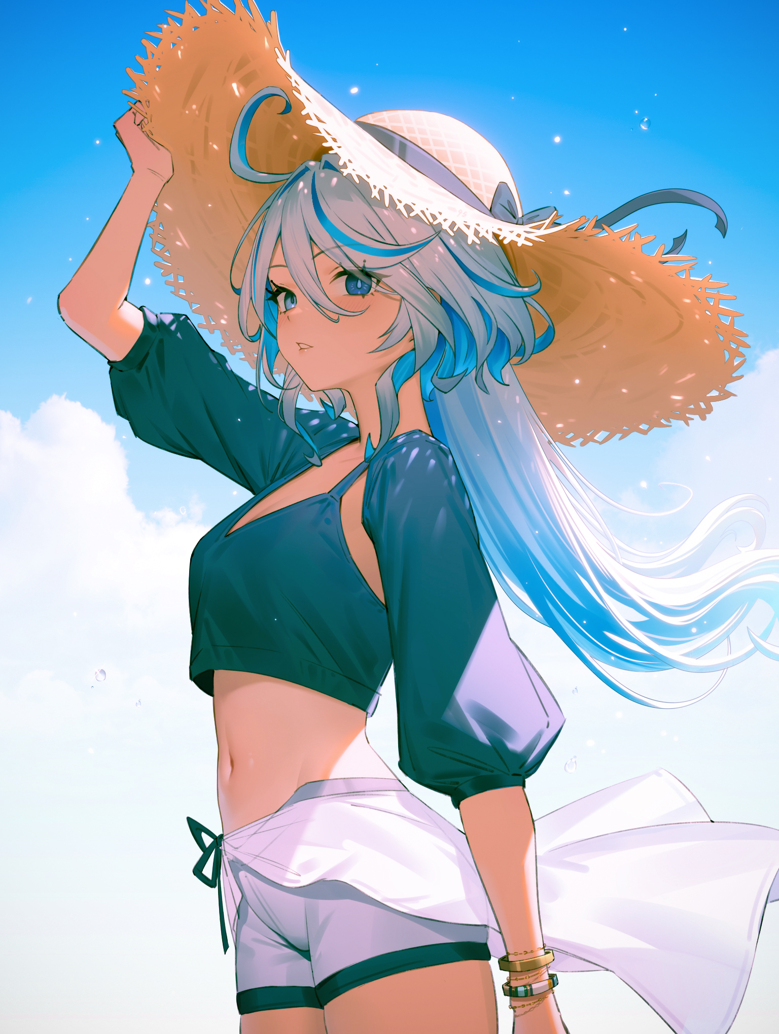 Anime 1536x2038 Furina (Genshin Impact) Genshin Impact sun hats looking at viewer clouds heterochromia long hair detached sleeves sky blue eyes straw hat white shorts sarong portrait display hat crop top parted lips 95--- women outdoors anime girls standing ahoge wind skinny