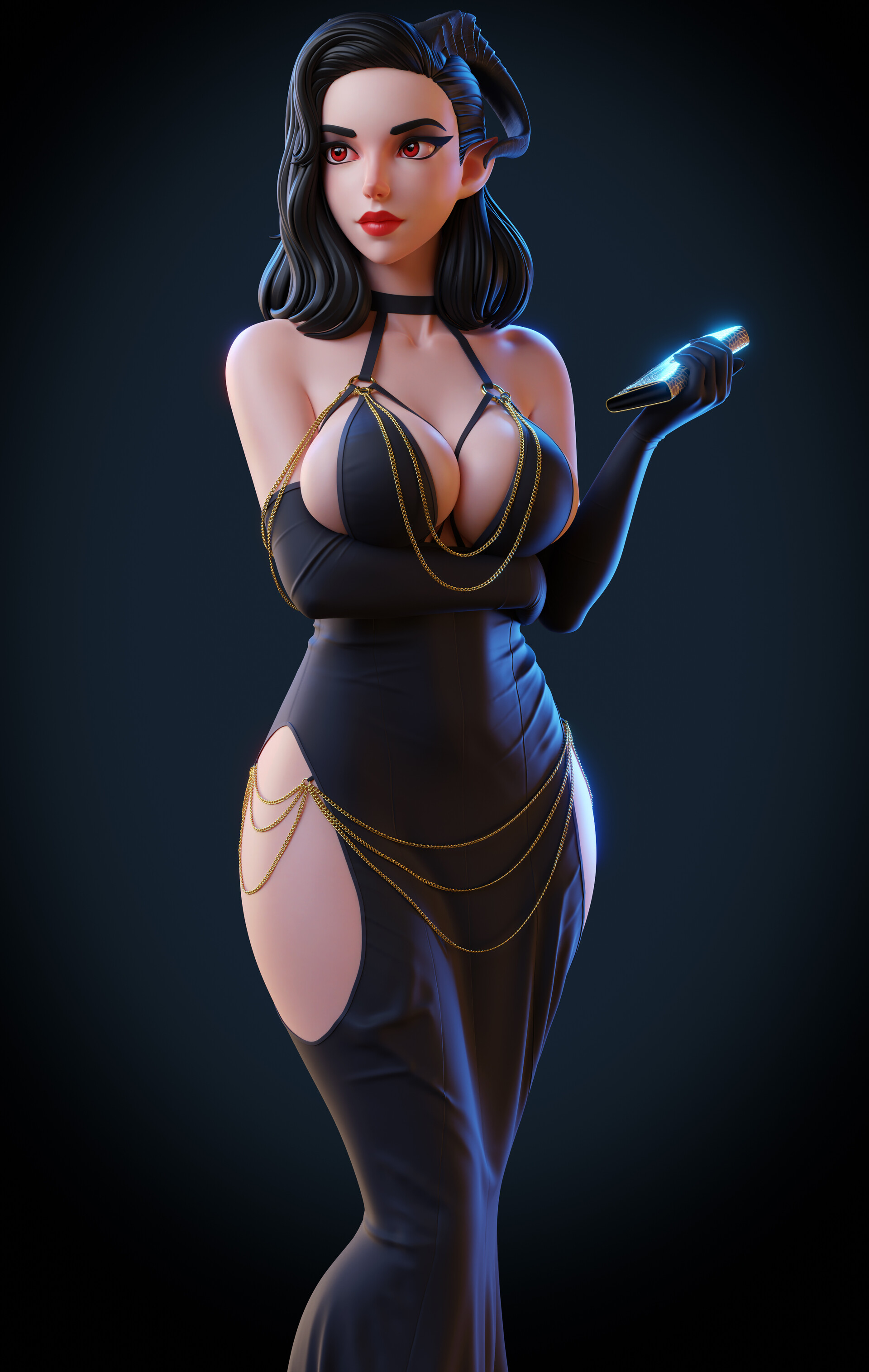 General 1920x3032 Happy Otter CGI women black dress red eyes dark hair digital art portrait display simple background hips demon girls long hair looking away standing bare shoulders gloves elbow gloves cleavage big boobs closed mouth red lipstick lipstick pointy ears dress wide hips collarbone horns