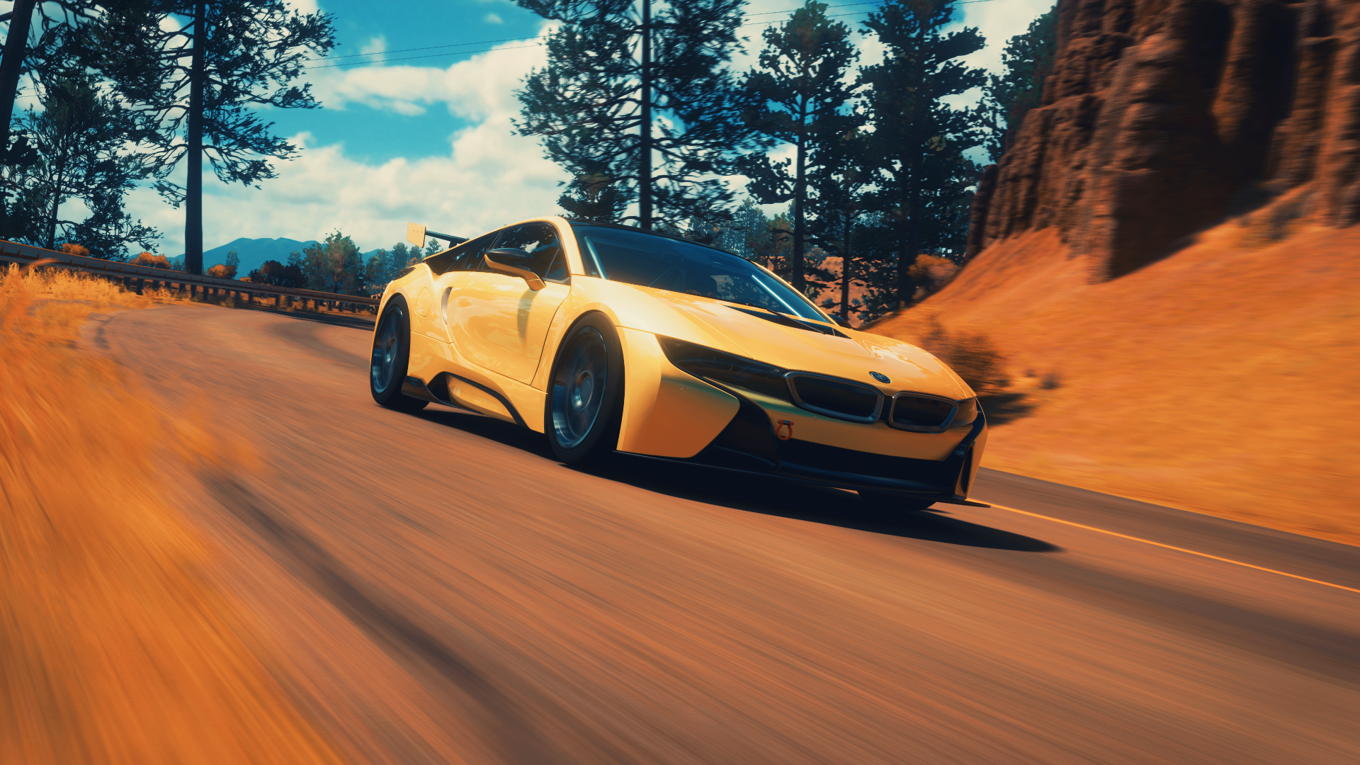 General 1920x1080 Forza Forza Horizon 5 BMW BMW i8 car vehicle road yellow hybrid (car) German cars Xbox Game Studios sky clouds PlaygroundGames video games trees frontal view motion blur blurred yellow cars driving sunlight