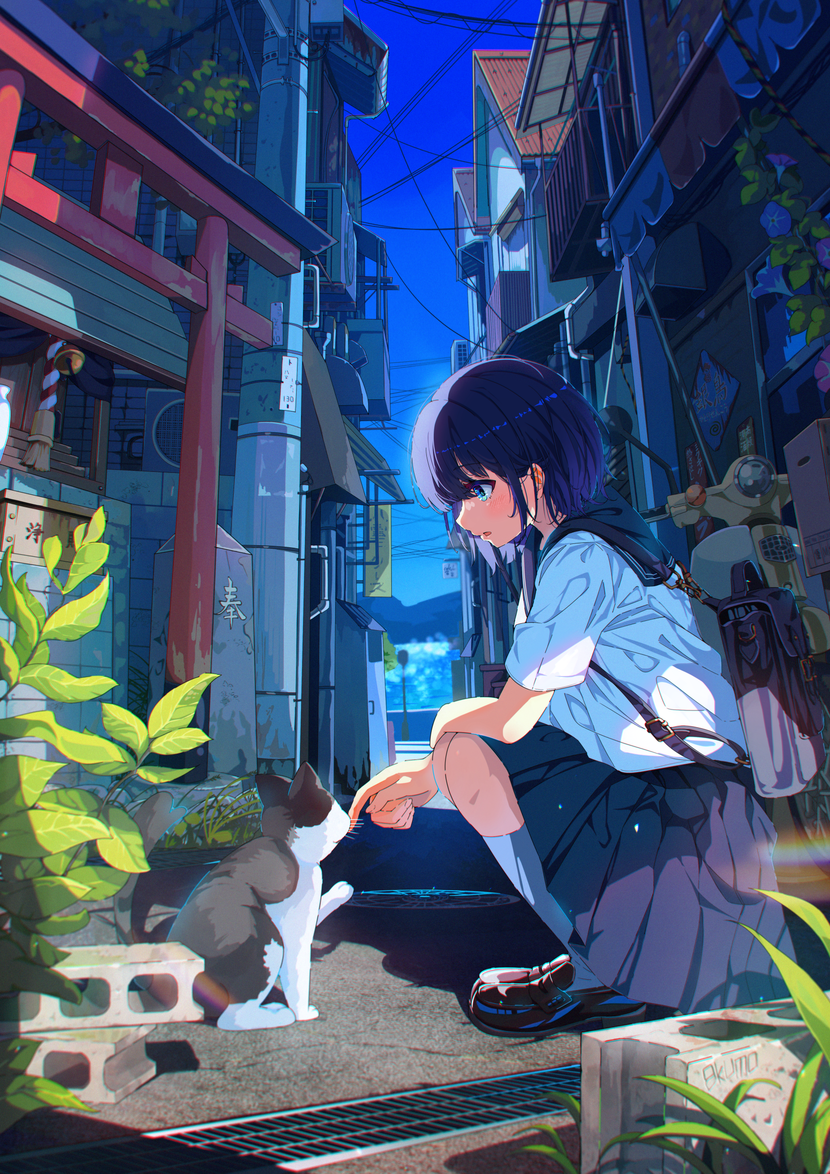 Anime 1684x2381 Sakatsuki Yakumo anime Pixiv cats street squatting torii wires schoolgirl