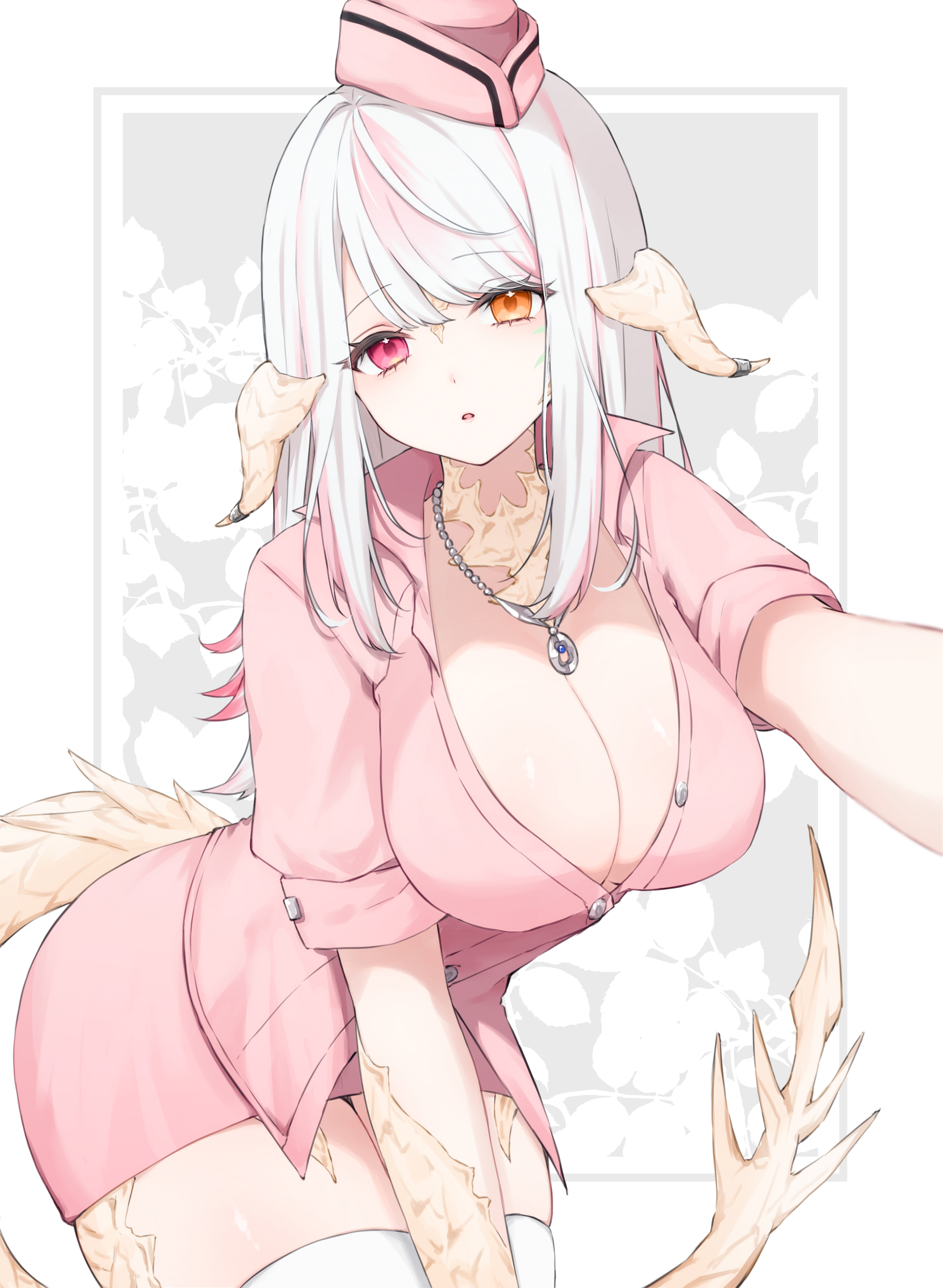 Anime 2196x3000 anime anime girls Final Fantasy Au Ra FINAL FANTASY XIV: Stormblood horns cleavage thighs looking at viewer portrait display big boobs heterochromia long hair Warrior of Light (Final Fantasy) simple background bright white thigh highs necklace thigh-highs short sleeves open clothes dragon girl dragon horns dragon tail jewelry hair between eyes selfies parted lips hat women with hats