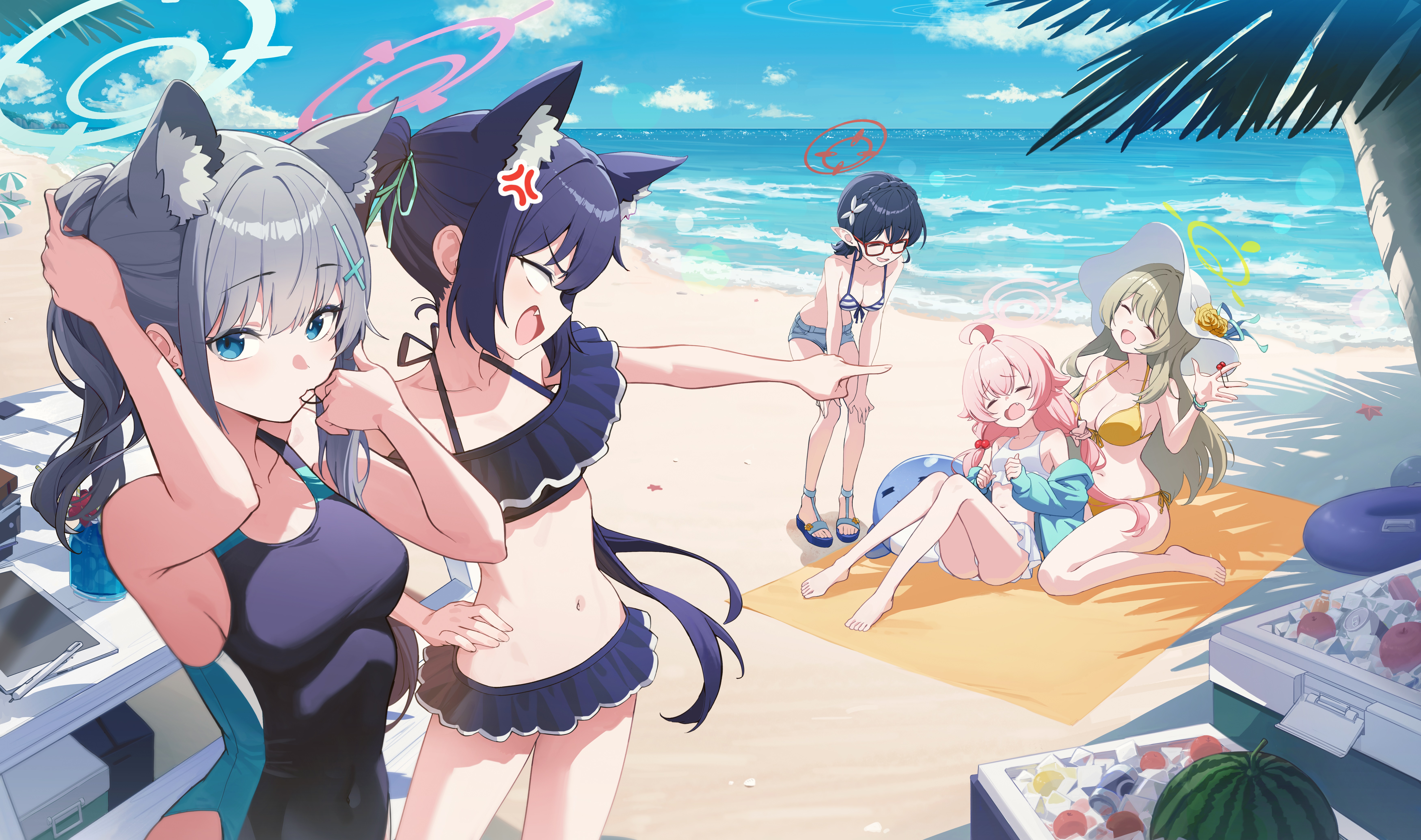 Anime 7000x4137 anime anime girls Shiroko (Blue Archive) Ayane (Blue Archive) Izayoi Nonomi (Blue Archive) Kuromi Serika (Blue Archive) Takanashi Hoshino (Blue Archive) GOELEU looking at viewer beach women on beach one-piece swimsuit bikini hair between eyes water sand clouds sky finger pointing laughing long hair short hair glasses women with glasses skinny hands on waist closed eyes open mouth watermelons palm trees wolf girls wolf ears women outdoors brunette dark hair gray hair blue eyes pink hair angry ahoge frills women with hats sun hats