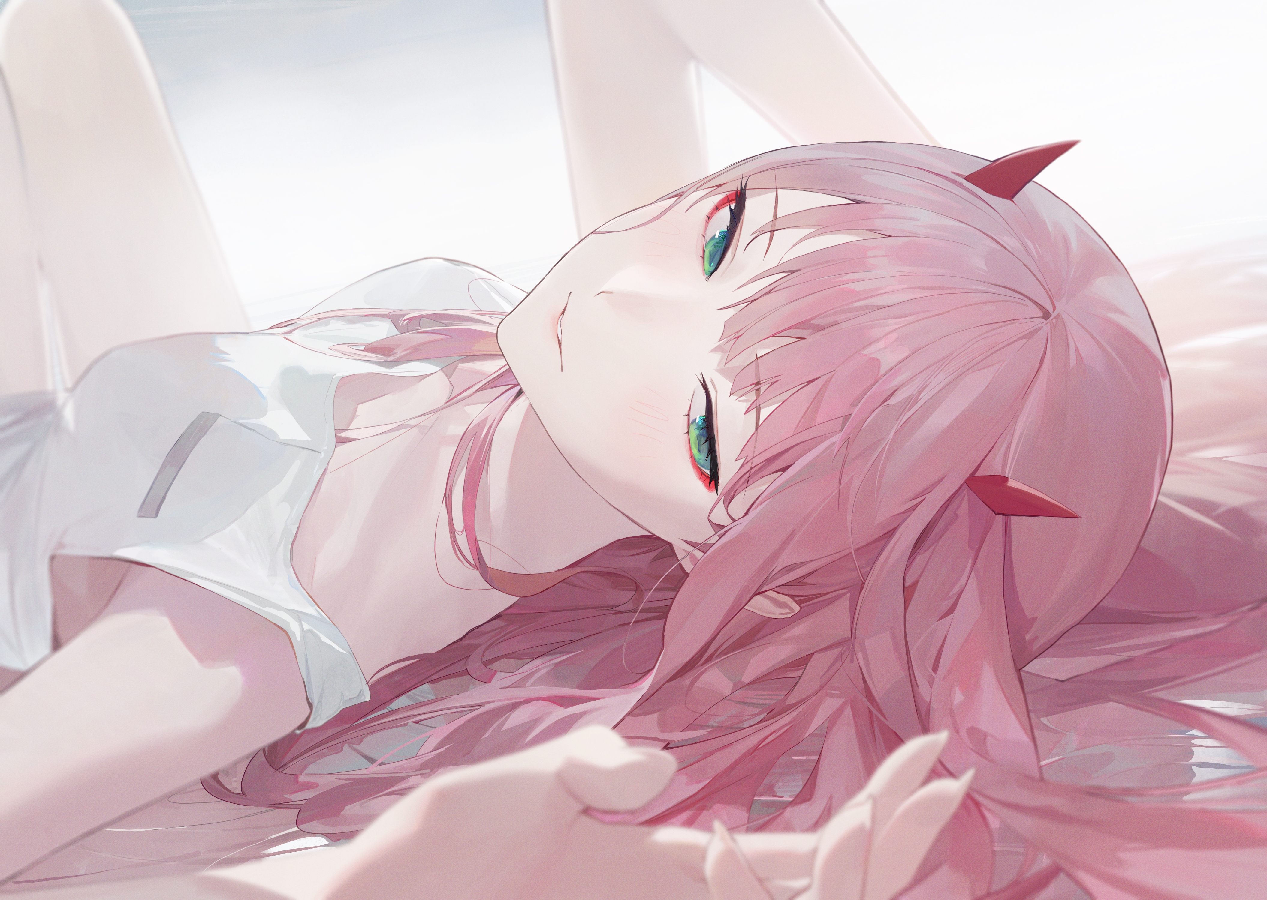 Anime 4221x3000 Mossi (artist) Zero Two (Darling in the FranXX) digital art pink hair lying down looking at viewer Darling in the FranXX