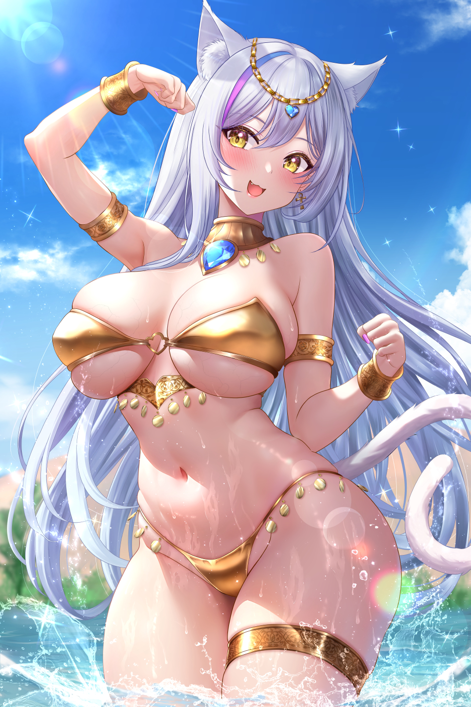 Anime 946x1419 Kamishiro Kurea long hair portrait display sunlight looking at viewer bikini indie virtual youtuber sea Virtual Youtuber jewelry huge breasts gold bikini water standing in water bare shoulders clouds one arm up wet body thigh strap open mouth cat tail women outdoors animal ears yellow eyes blurry background wet thighs gold swimwear Studiopokotan armlet thighs together smiling water drops white hair anime girls standing