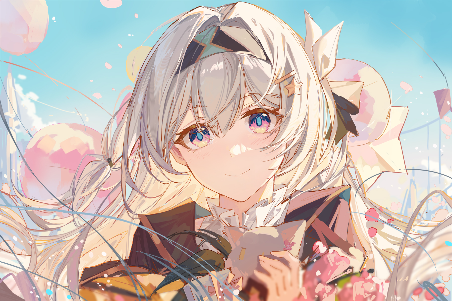Anime 1800x1200 Honkai: Star Rail artwork Firefly (Honkai: Star Rail) anime anime girls white hair hairband petals cats hairpins hair blowing in the wind looking at viewer Yaju
