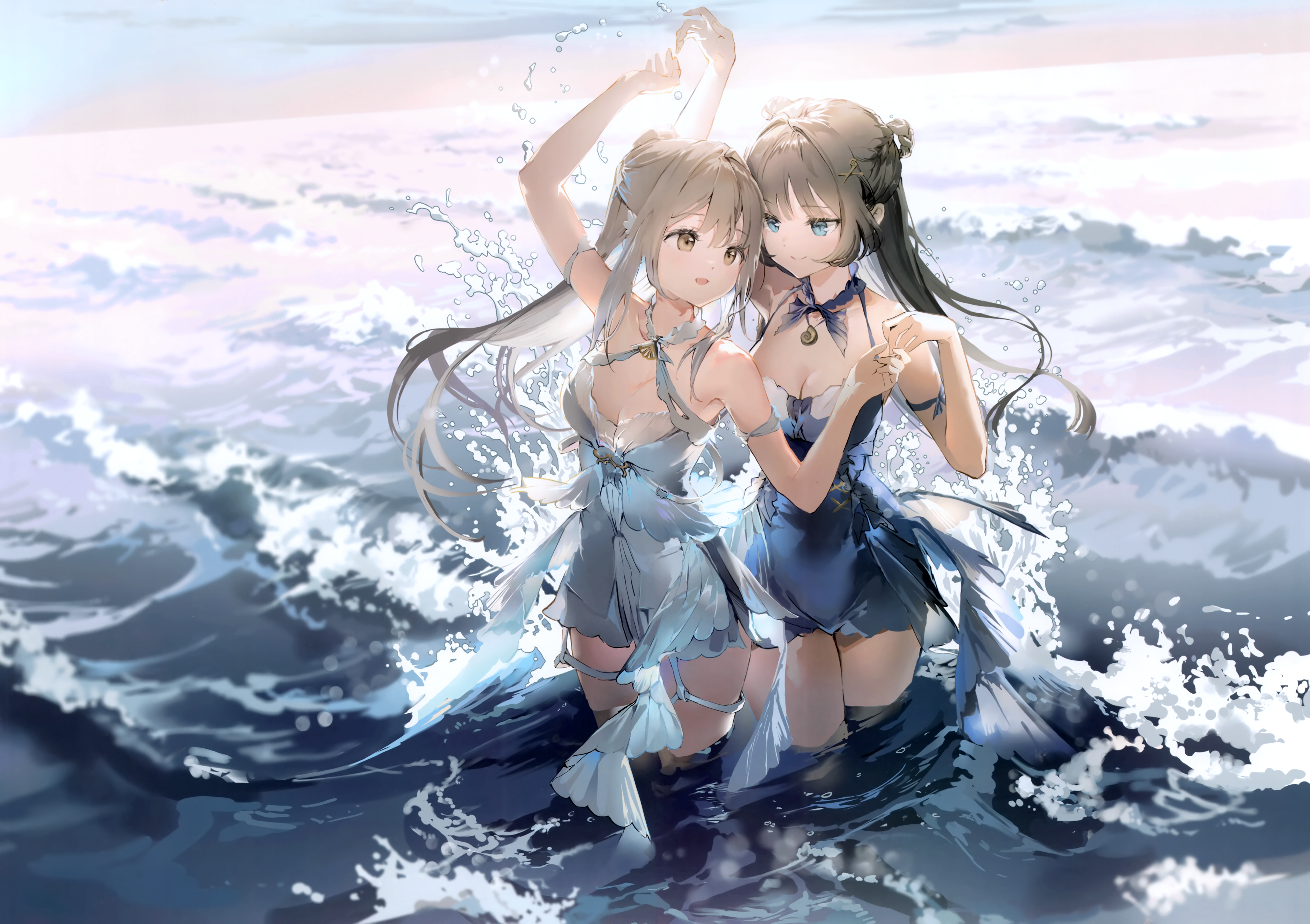 Anime 4884x3446 anime anime girls Anmi original characters bare shoulders waves standing in water water parted lips closed mouth hair between eyes smiling long hair blue dress holding hands cleavage brunette brown eyes dark hair blue eyes hairbun hair ornament dress twintails sea halterneck two women white dress sleeveless yuri