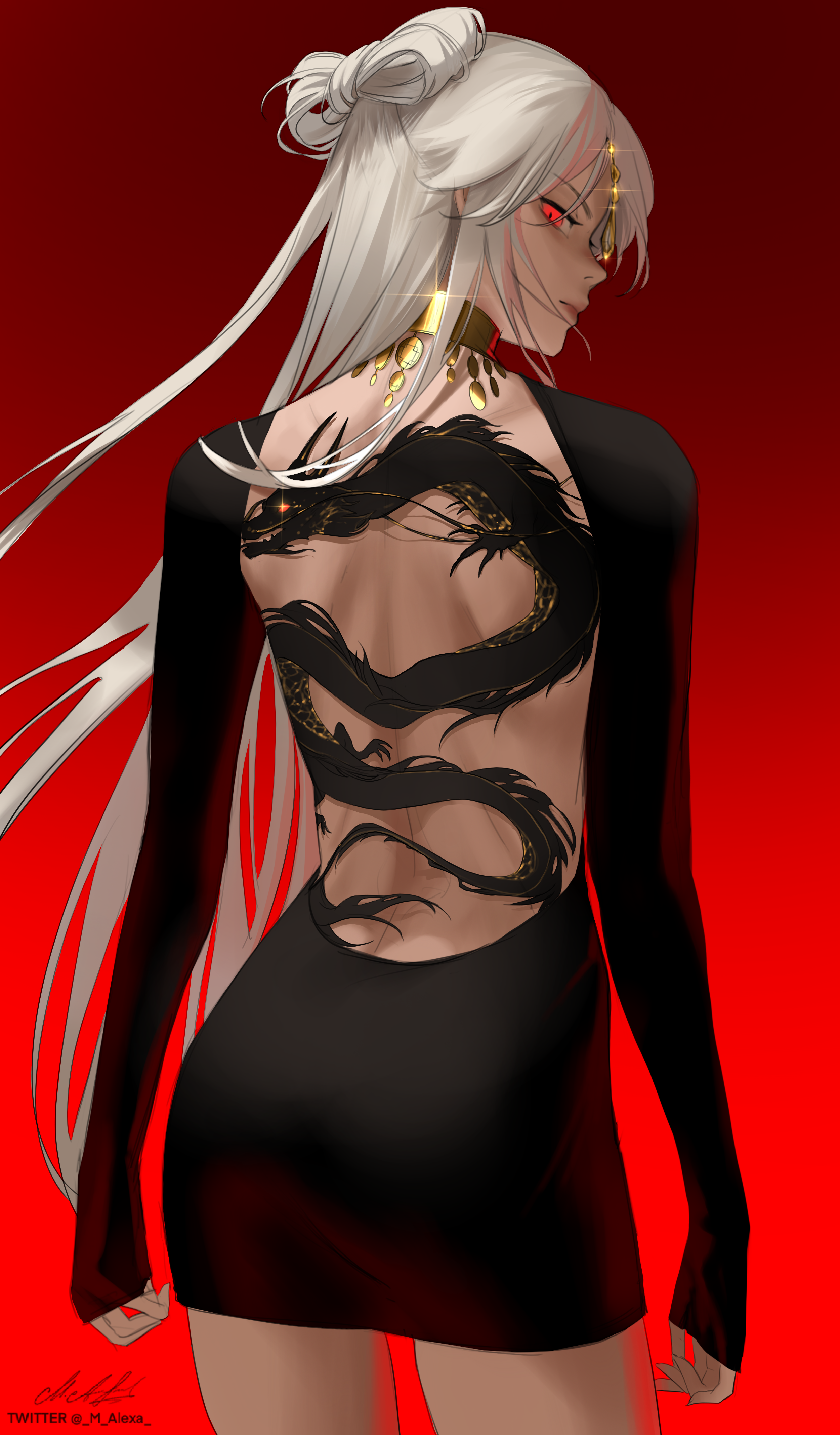 Anime 2500x4269 looking at viewer anime long hair white hair Ningguang (Genshin Impact) Genshin Impact M-Alexa red eyes looking back looking over shoulder dress portrait display standing red background skinny back tattoo tattoo dragon anime girls watermarked signature long sleeves backless Chinese dragon