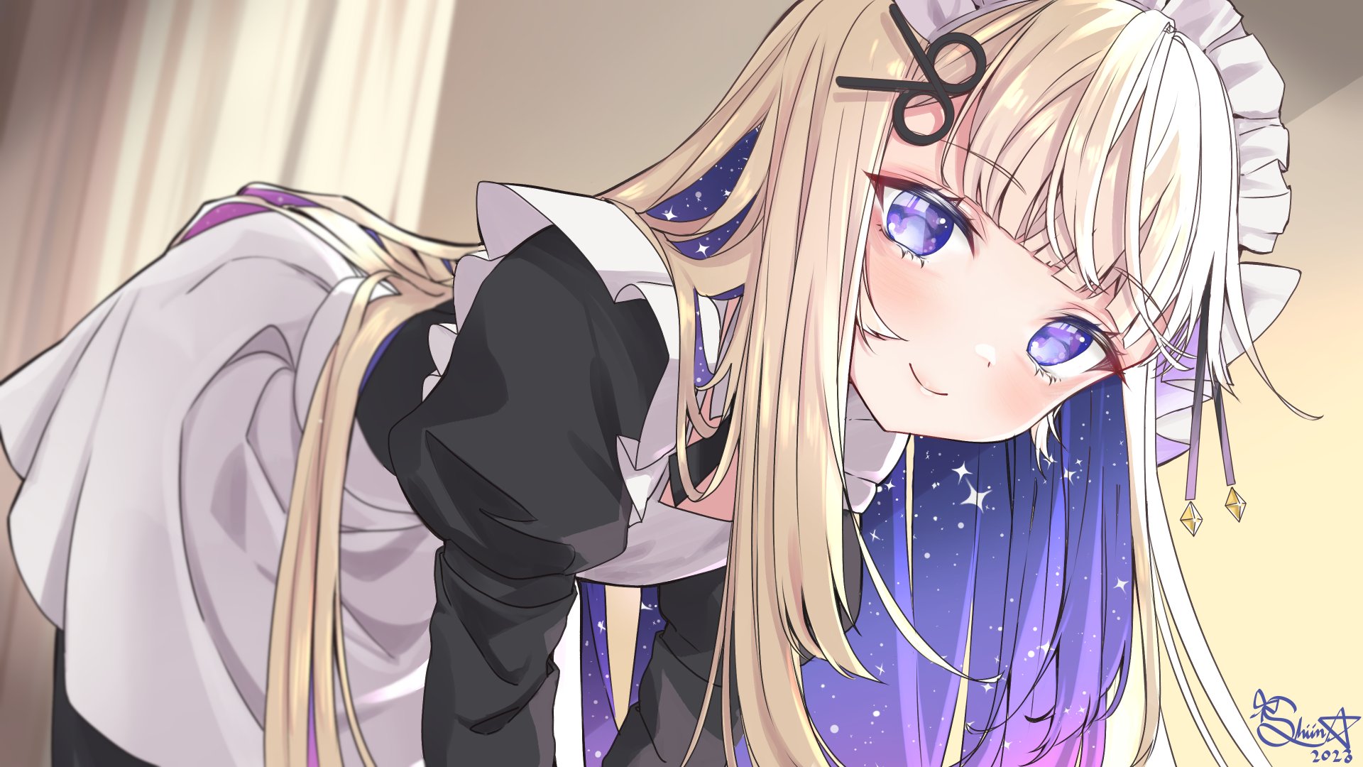 Anime 1920x1080 Amanogawa Shiina anime girls blonde Phase Connect maid looking at viewer smiling closed mouth two tone hair blue eyes headdress signature 2023 (year) bent over blushing bangs hair ornament stars long hair