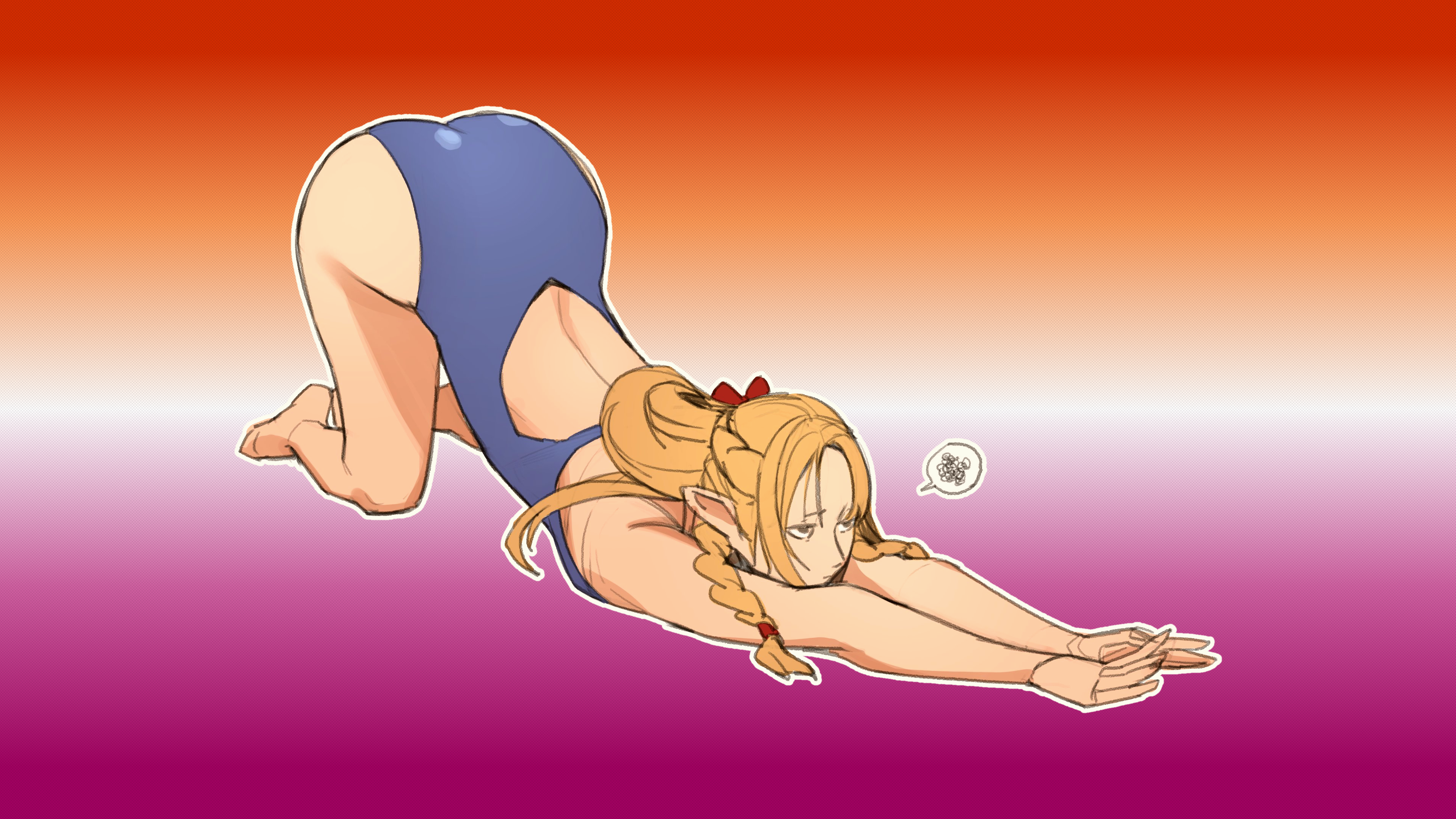 Anime 3840x2160 swimwear anime girls anime Delicious in Dungeon Marcille Donato red ribbon back stretching angry blonde pride flag pride lesbians braids kneeling yoga yoga pose speech bubble fingers toes feet thighs ass face down fdau bent over sidelocks simple background long hair bottom up