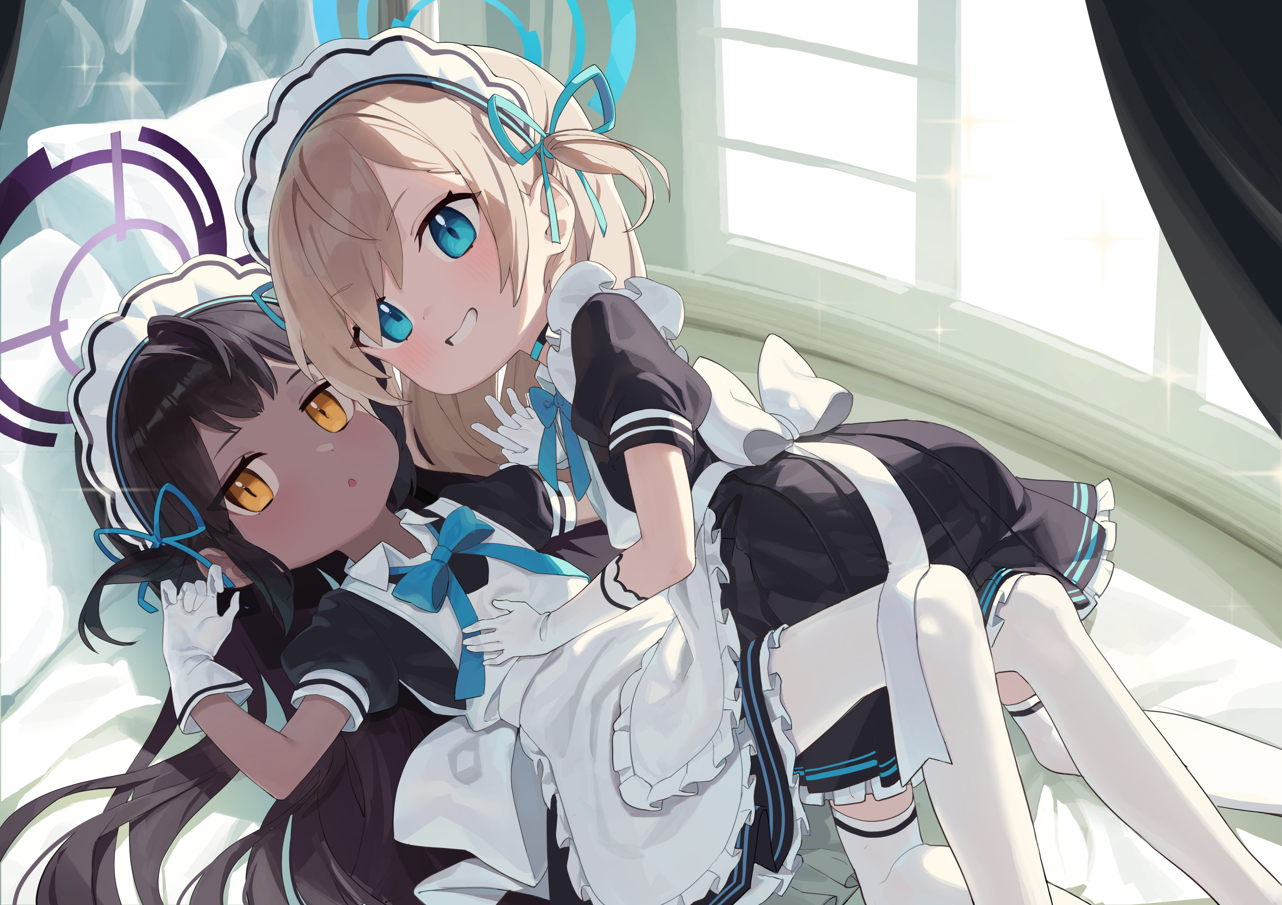 Anime 4096x2892 anime girls Asuna Ichinose Kakudate Karin fan art in bed anime games loli video game characters Blue Archive long hair white thigh highs pillow gloves white gloves white pantyhose maid bow tie bed chibi headdress hair ribbon open mouth blushing Bada short sleeves