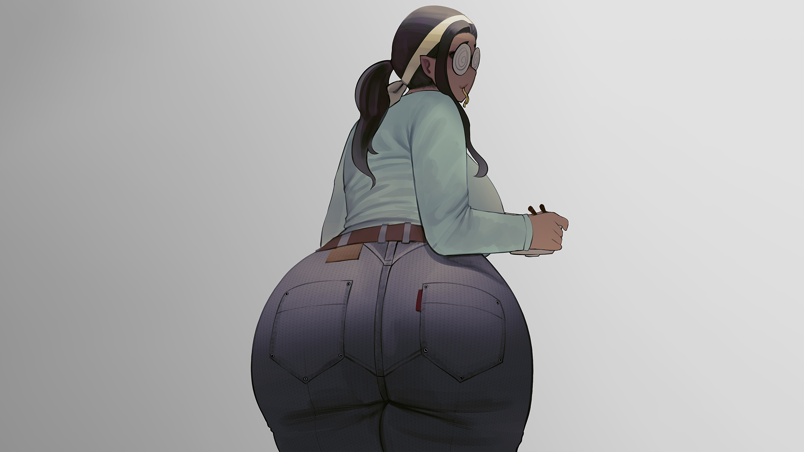 Anime 2560x1440 anime simple background Elf-san wa Yaserarenai. curvy meganekko glasses ponytail ass thick ass thighs thick thigh wide hips Mmmmmkun minimalism long hair standing women with glasses belt anime girls low-angle