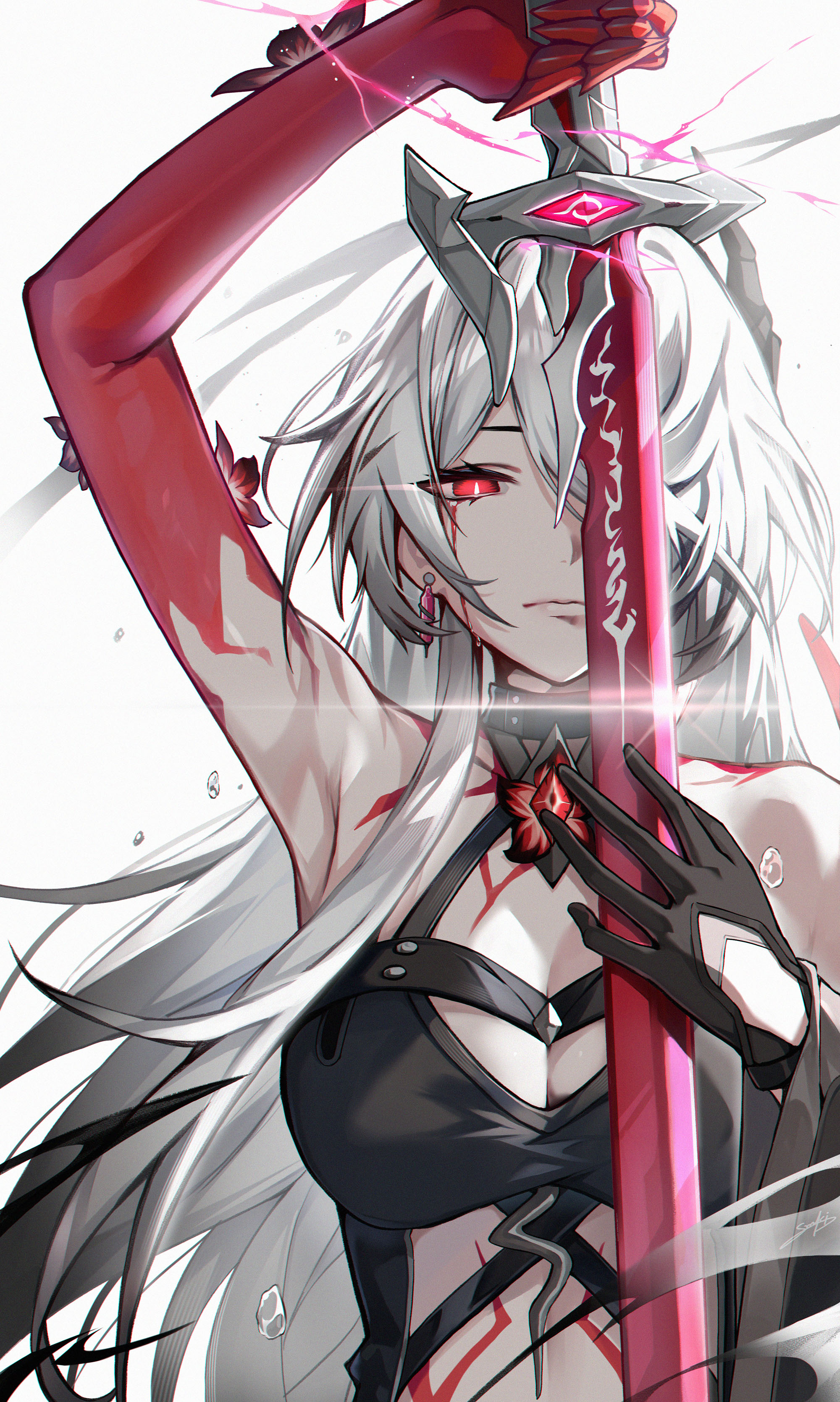Anime 2000x3337 Honkai: Star Rail Acheron (Honkai: Star Rail) anime games anime girls portrait display weapon one eye obstructed gloves long hair closed mouth white hair red eyes black gloves missing glove looking at viewer earring teardrop crying white background flowers simple background bright