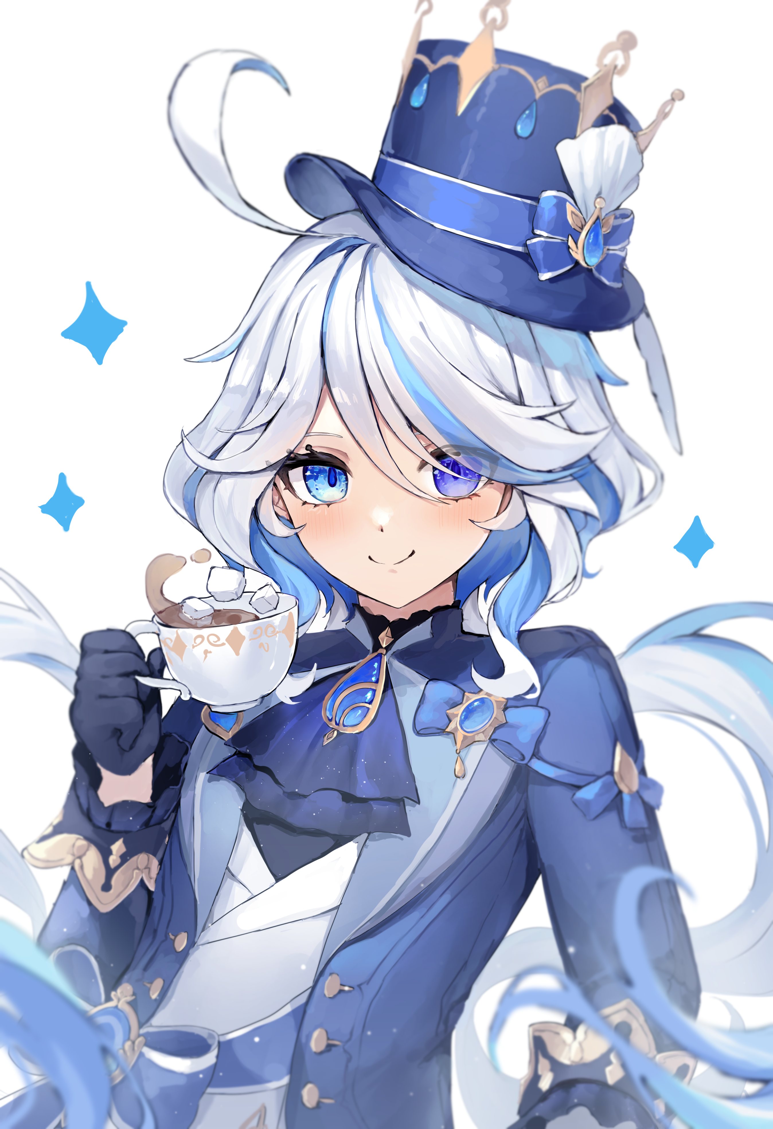 Anime 2696x3937 Furina (Genshin Impact) Pixiv Genshin Impact portrait display long hair two tone hair blue hair heterochromia blue eyes closed mouth top hat hat women with hats simple background ahoge white background gloves black gloves sugar cubes blushing looking at viewer anime girls gemstones ascot stars smiling tea cup drink