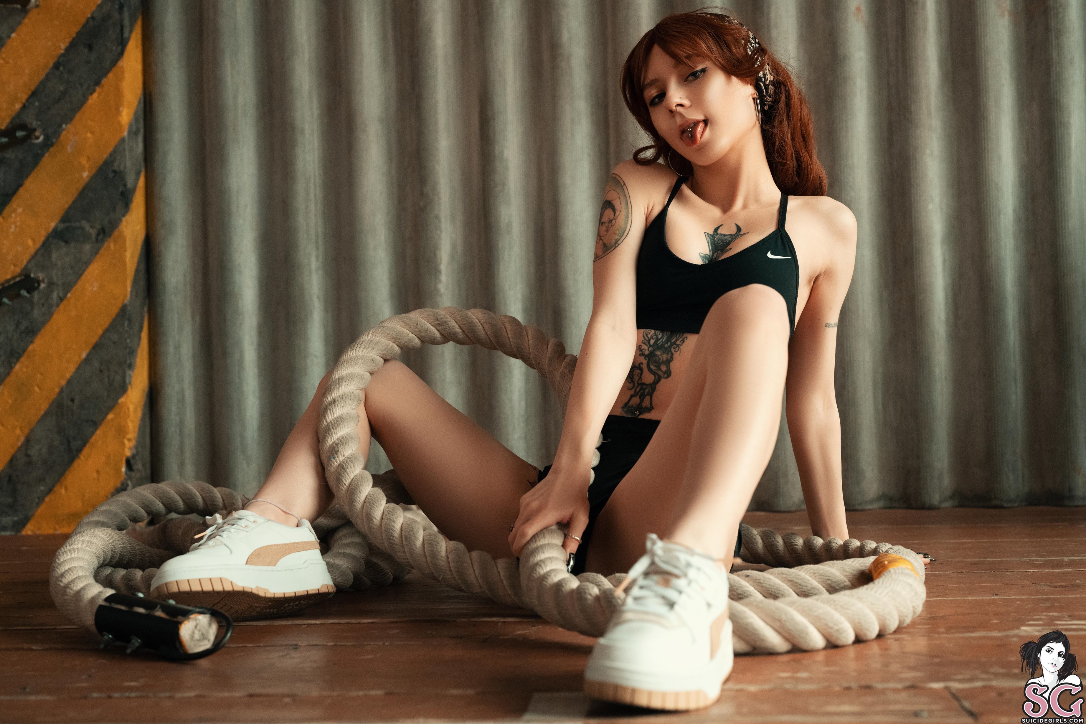 People 3686x2457 Vika Dich Suicide Girls redhead women model gym clothes tongue out inked girls tattoo looking at viewer piercing watermarked whole body