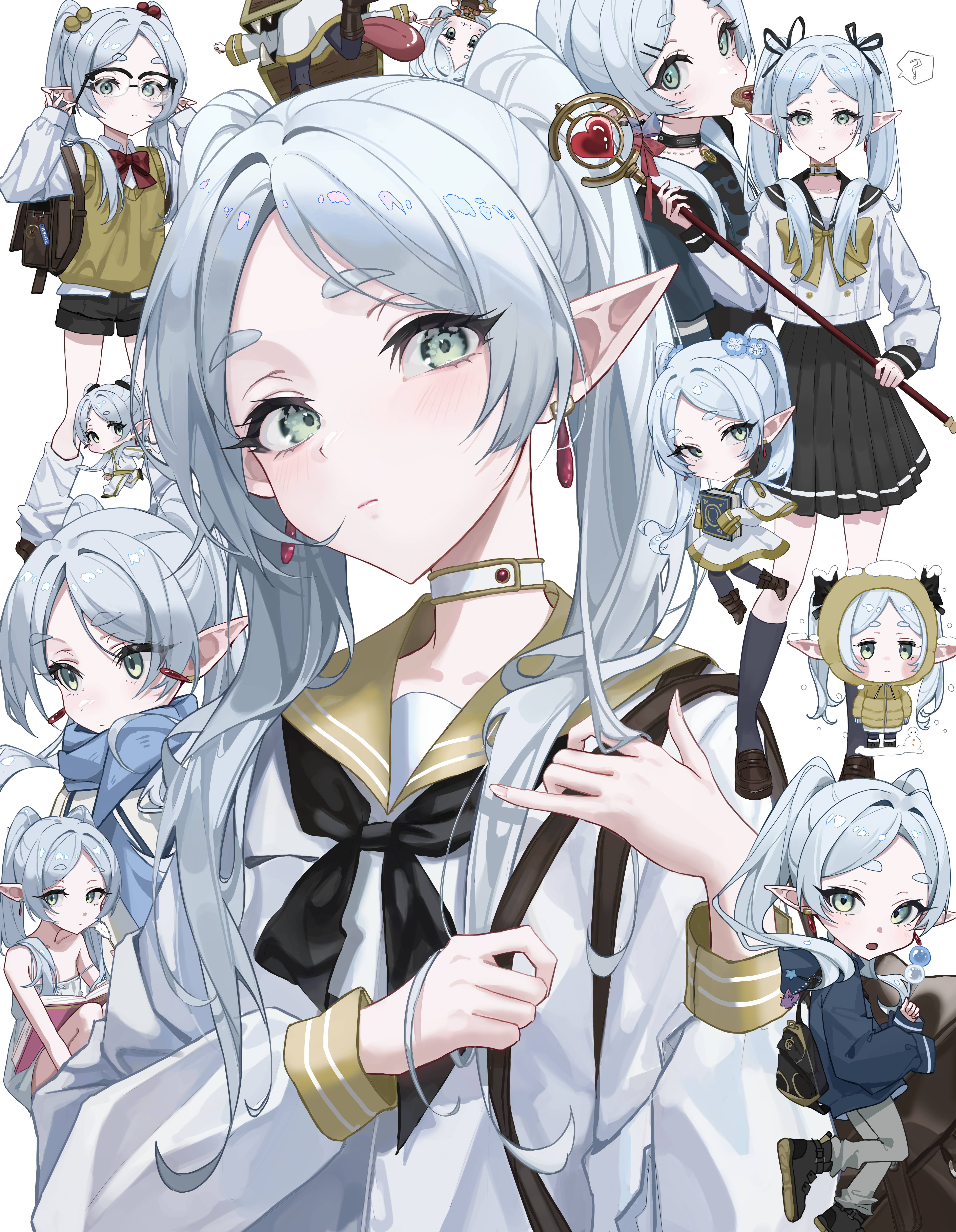Anime 4733x6097 Sousou No Frieren Frieren anime girls portrait display school uniform pointy ears twintails looking at viewer staff choker elves chibi bag socks Shupami mimic chest thick eyebrows long hair closed mouth neckerchief