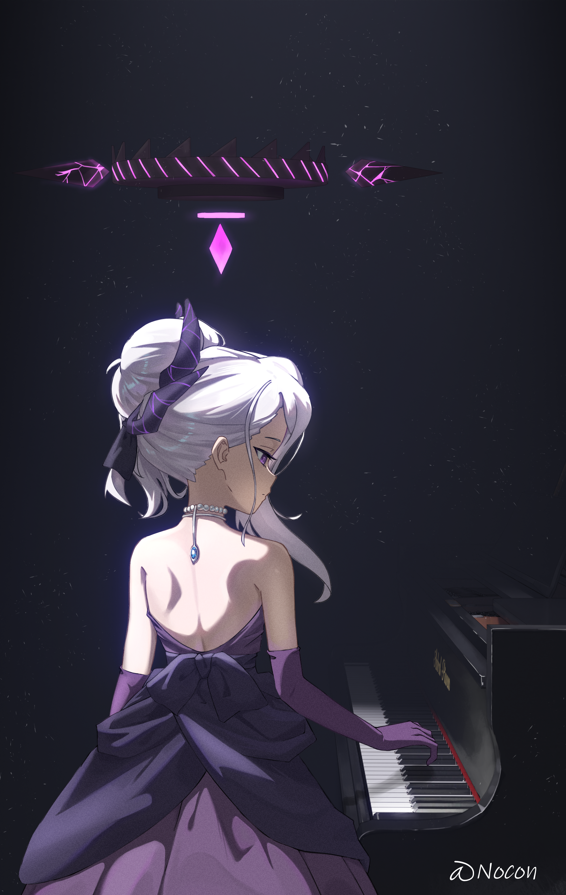 Anime 1963x3103 portrait display long hair Sorasaki Hina (Blue Archive) Blue Archive demon horns dress dark background watermarked sitting piano musical instrument elbow gloves gloves purple gloves backless backless dress necklace pearl necklace horns closed mouth purple eyes white hair signature anime girls purple