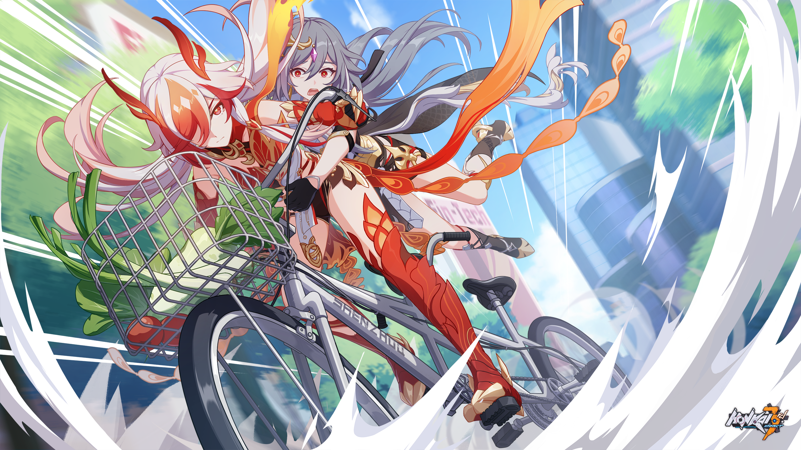 Anime 2560x1440 Honkai Impact 3rd Honkai Impact Fu Hua video game characters sky video game girls bicycle video game art building video games long hair two tone hair red eyes gray hair closed mouth open mouth motion blur